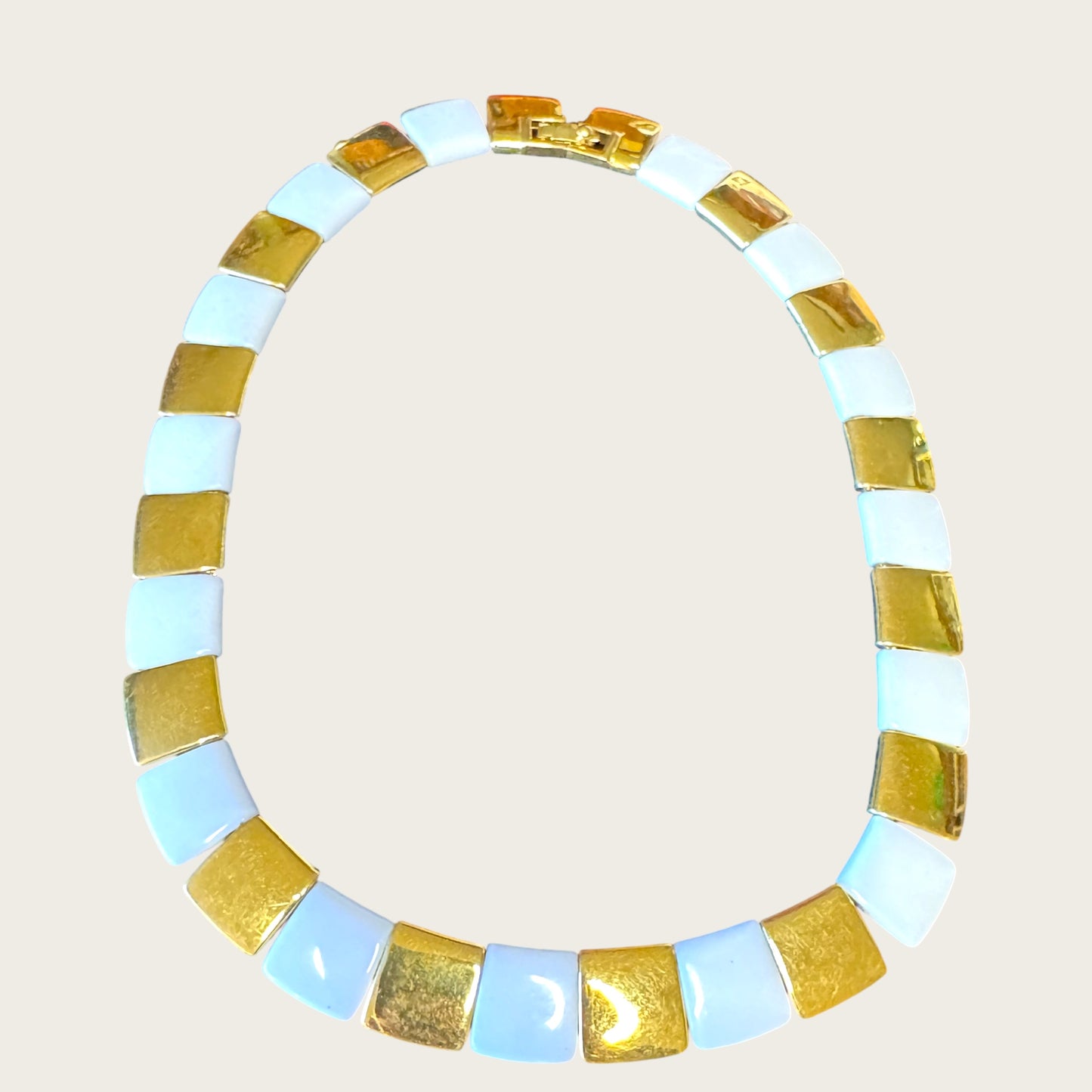 Signed Monet Articulated Choker Necklace – White Lucite & Gold-Tone Links – Small Fit Statement Collar
