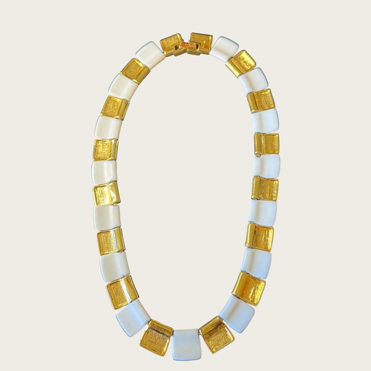 Signed Monet Articulated Choker Necklace – White Lucite & Gold-Tone Links – Small Fit Statement Collar