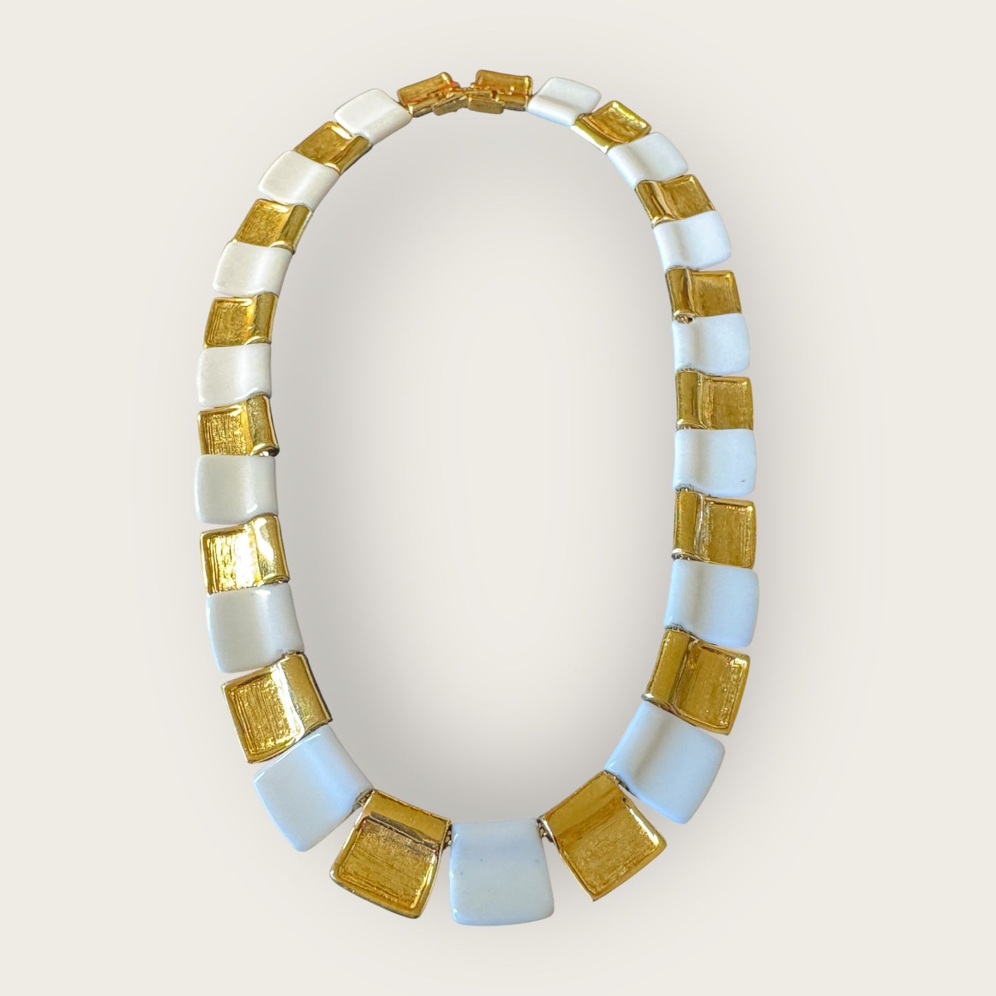Signed Monet Articulated Choker Necklace – White Lucite & Gold-Tone Links – Small Fit Statement Collar