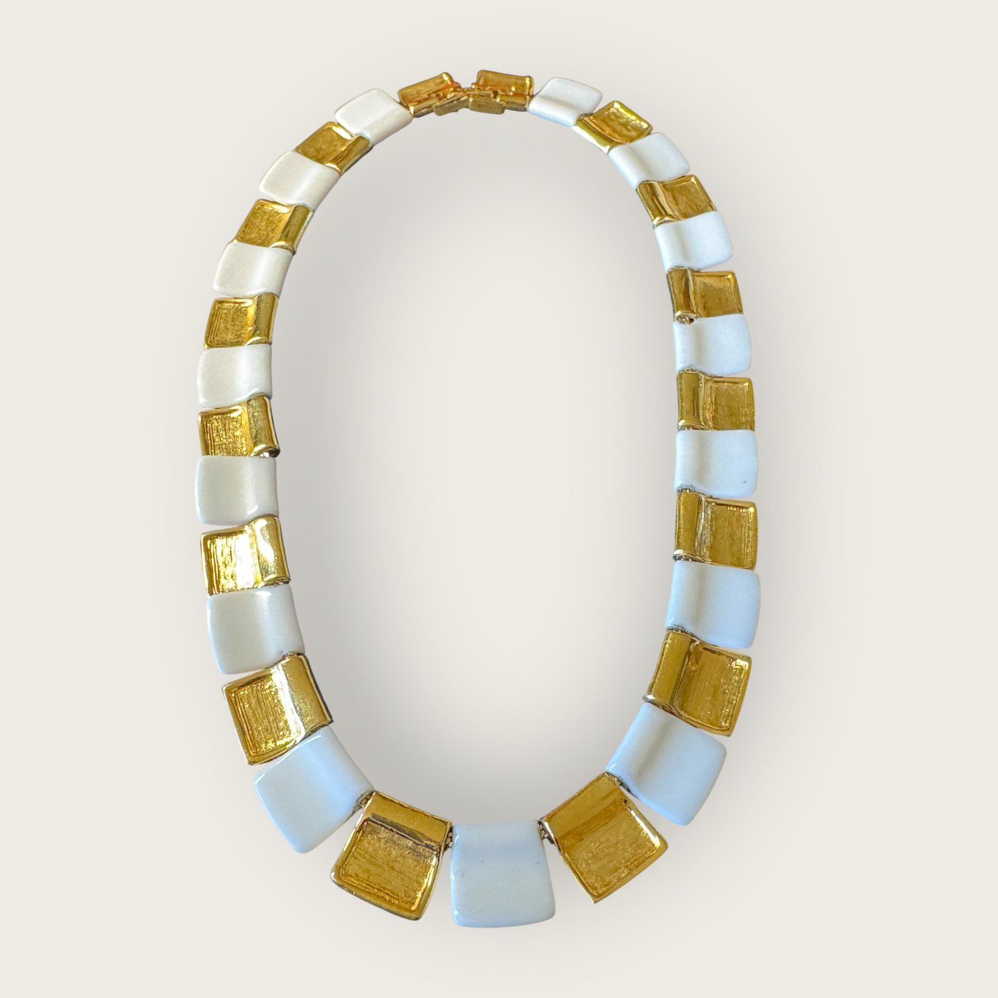 Signed Monet Articulated Choker Necklace – White Lucite & Gold-Tone Links – Small Fit Statement Collar