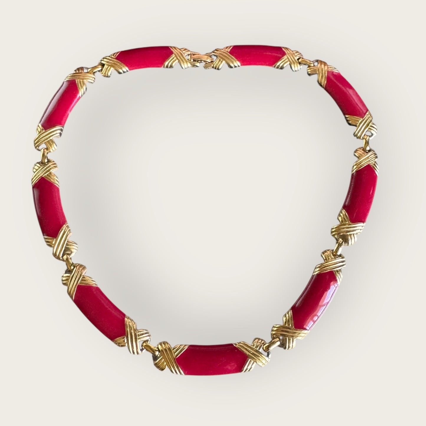 Vintage Red Enamel & Gold X Link Choker – Articulated Statement Necklace