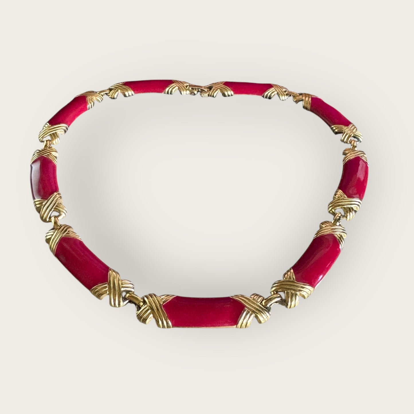 Vintage Red Enamel & Gold X Link Choker – Articulated Statement Necklace
