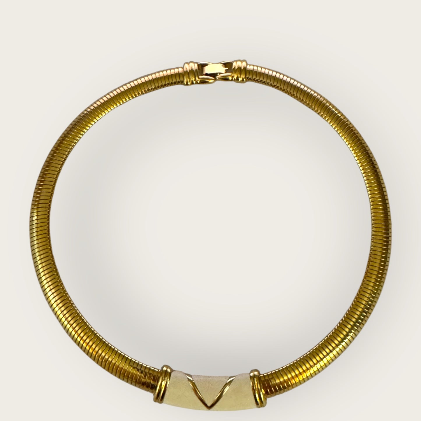Vintage Monet Chunky Omega Gold Collar Necklace with Enamel V Accent – Signed Statement Piece
