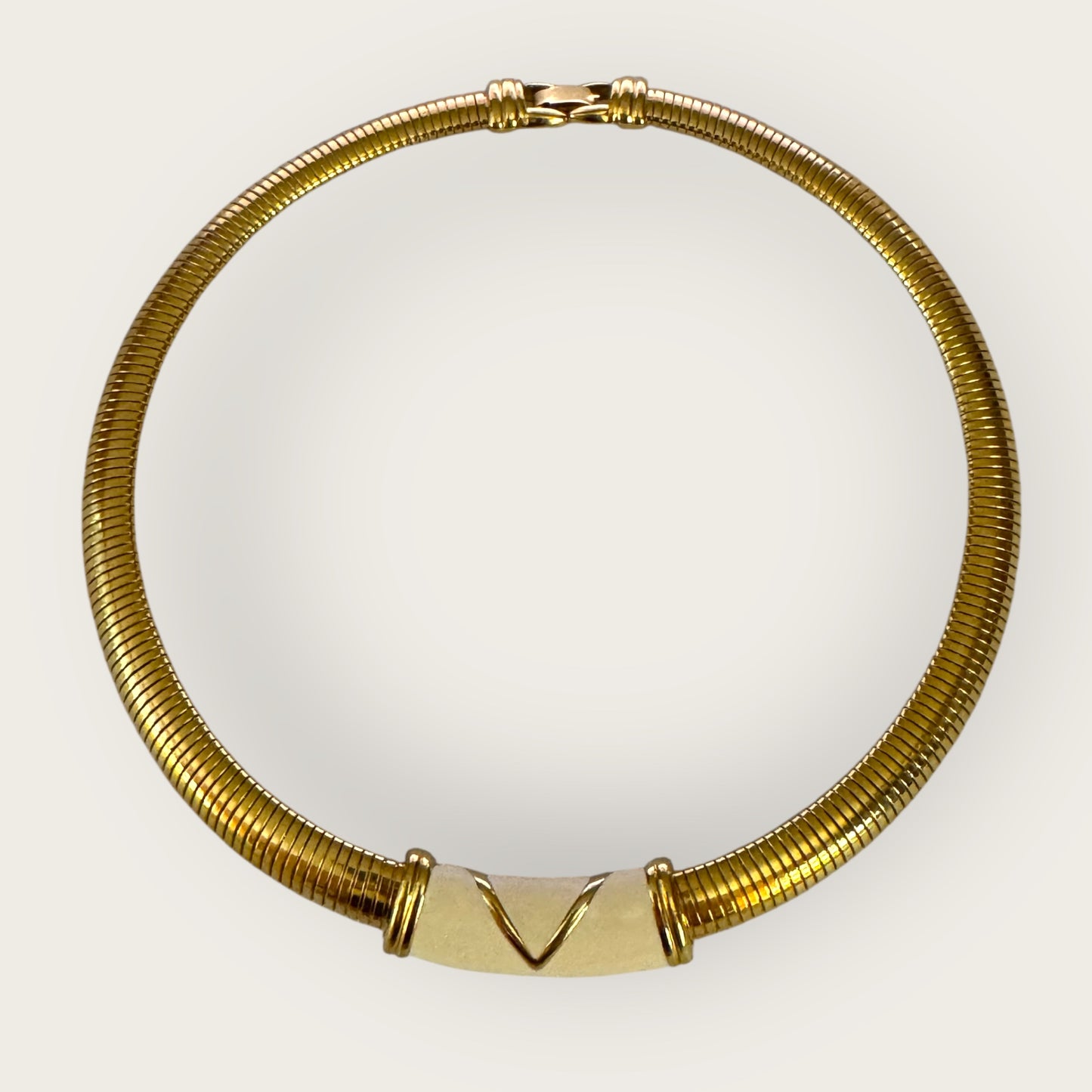 Vintage Monet Chunky Omega Gold Collar Necklace with Enamel V Accent – Signed Statement Piece