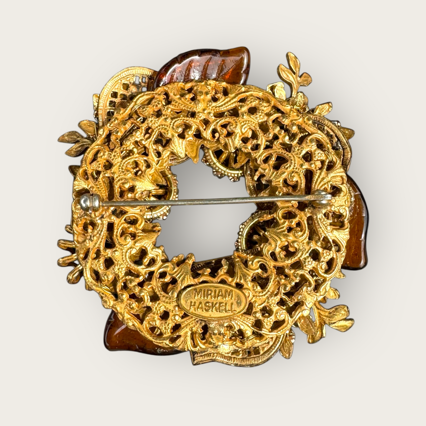 Rare Miriam Haskell Amber Glass & Gilt Filigree Leaf Brooch – 1950s Signed Vintage Wreath Statement Pin