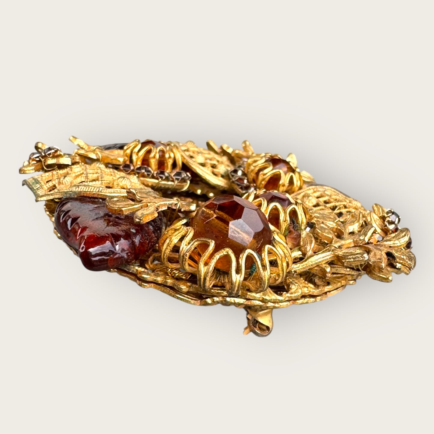Rare Miriam Haskell Amber Glass & Gilt Filigree Leaf Brooch – 1950s Signed Vintage Wreath Statement Pin