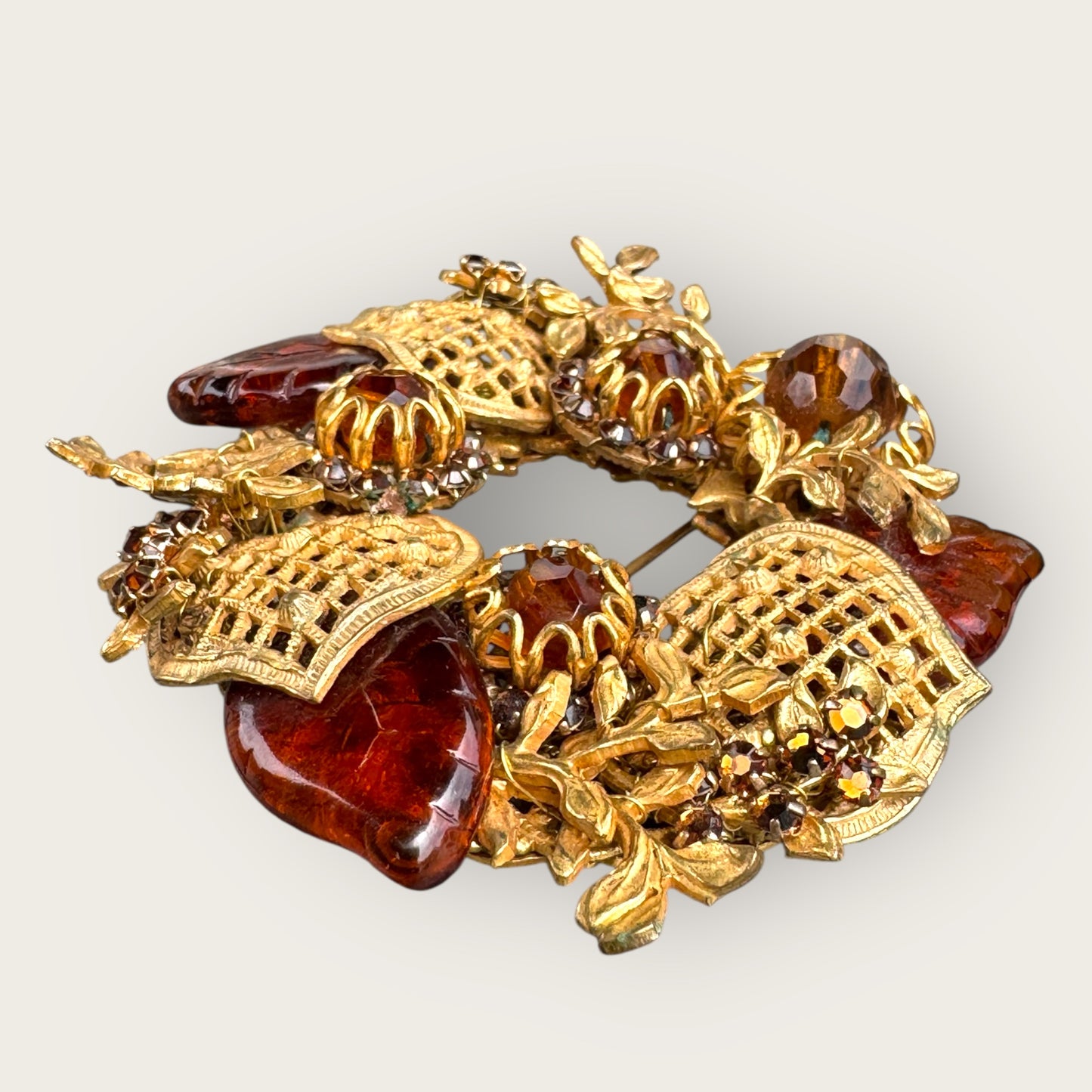 Rare Miriam Haskell Amber Glass & Gilt Filigree Leaf Brooch – 1950s Signed Vintage Wreath Statement Pin