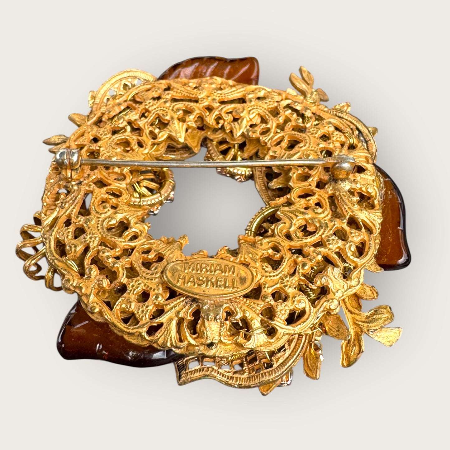 Rare Miriam Haskell Amber Glass & Gilt Filigree Leaf Brooch – 1950s Signed Vintage Wreath Statement Pin