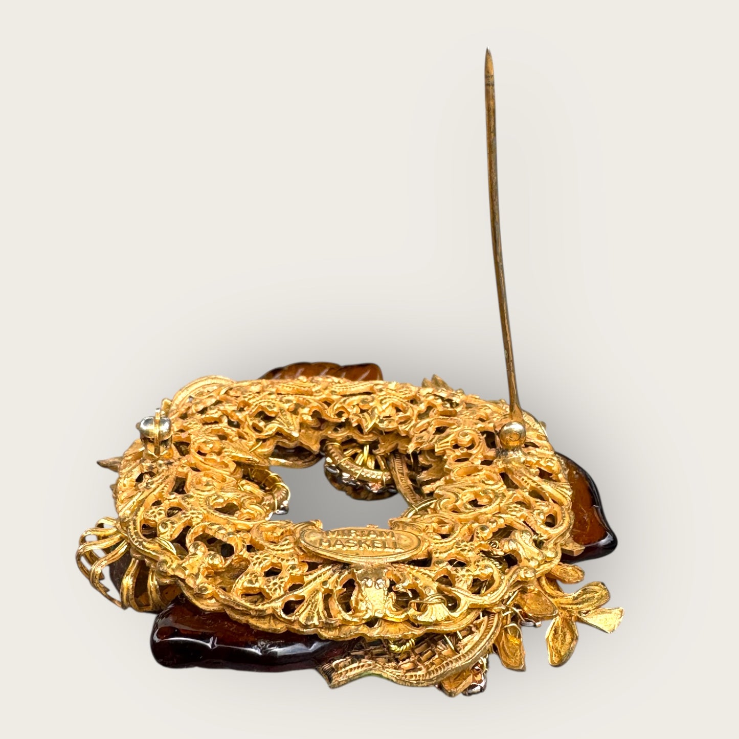 Rare Miriam Haskell Amber Glass & Gilt Filigree Leaf Brooch – 1950s Signed Vintage Wreath Statement Pin