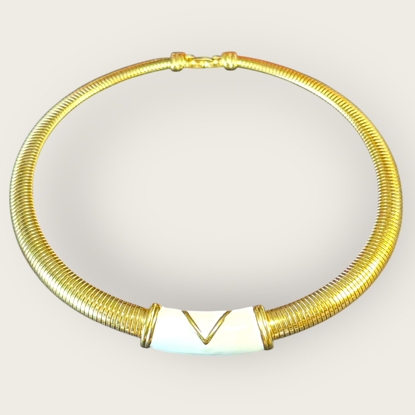 Vintage Monet Chunky Omega Gold Collar Necklace with Enamel V Accent – Signed Statement Piece