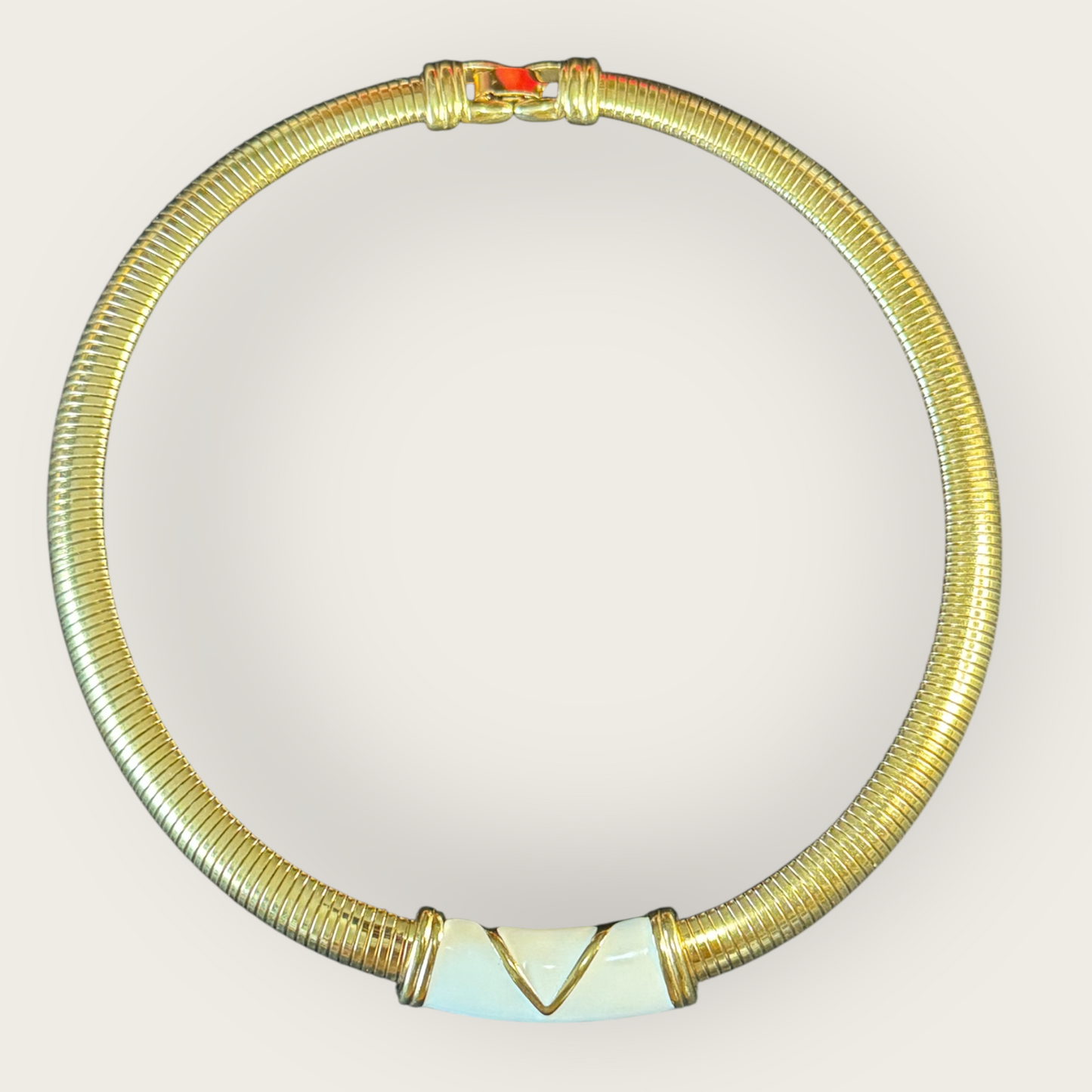 Vintage Monet Chunky Omega Gold Collar Necklace with Enamel V Accent – Signed Statement Piece