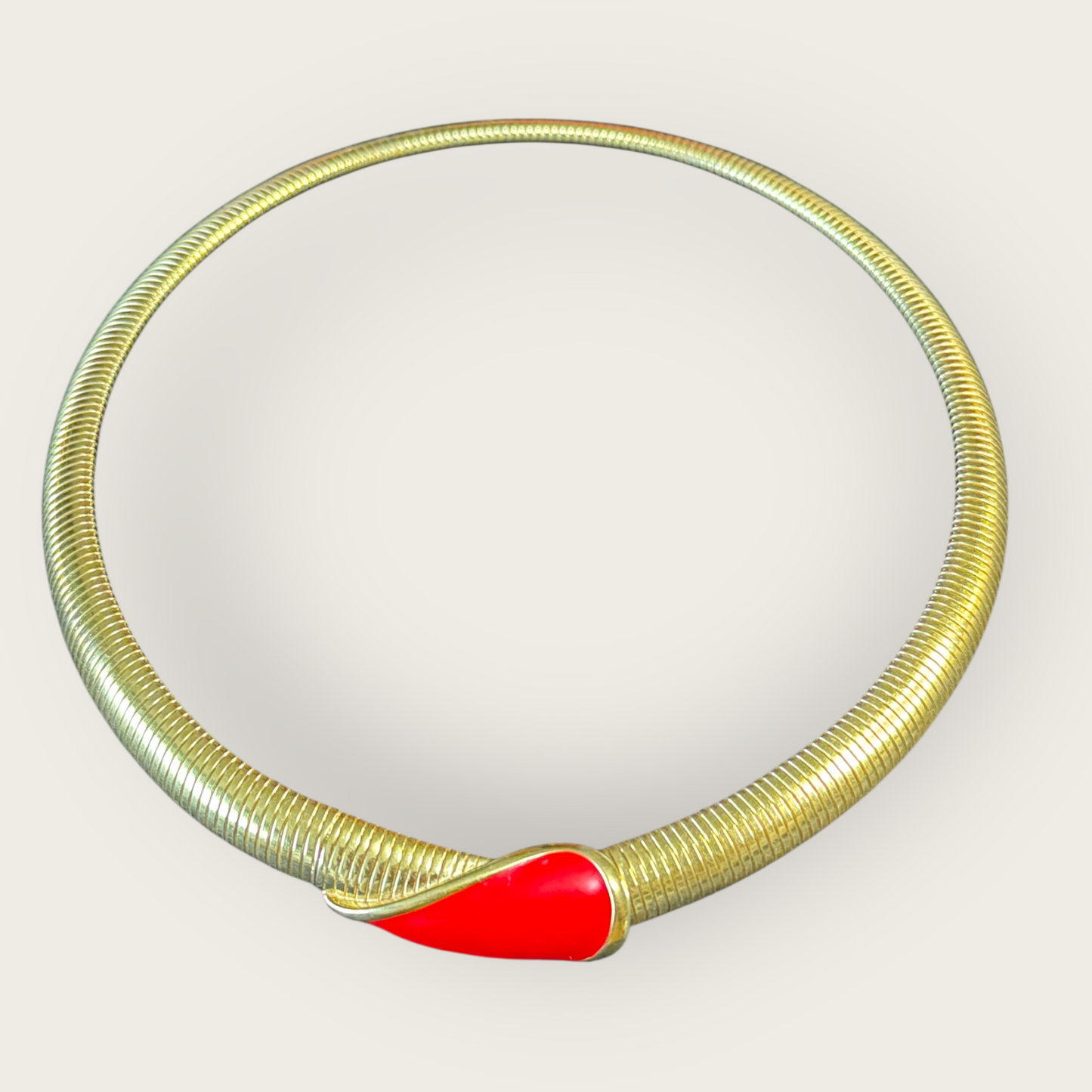 Vintage Gold Omega Collar Necklace with Red Enamel Teardrop Accent – Sculptural Modernist Design