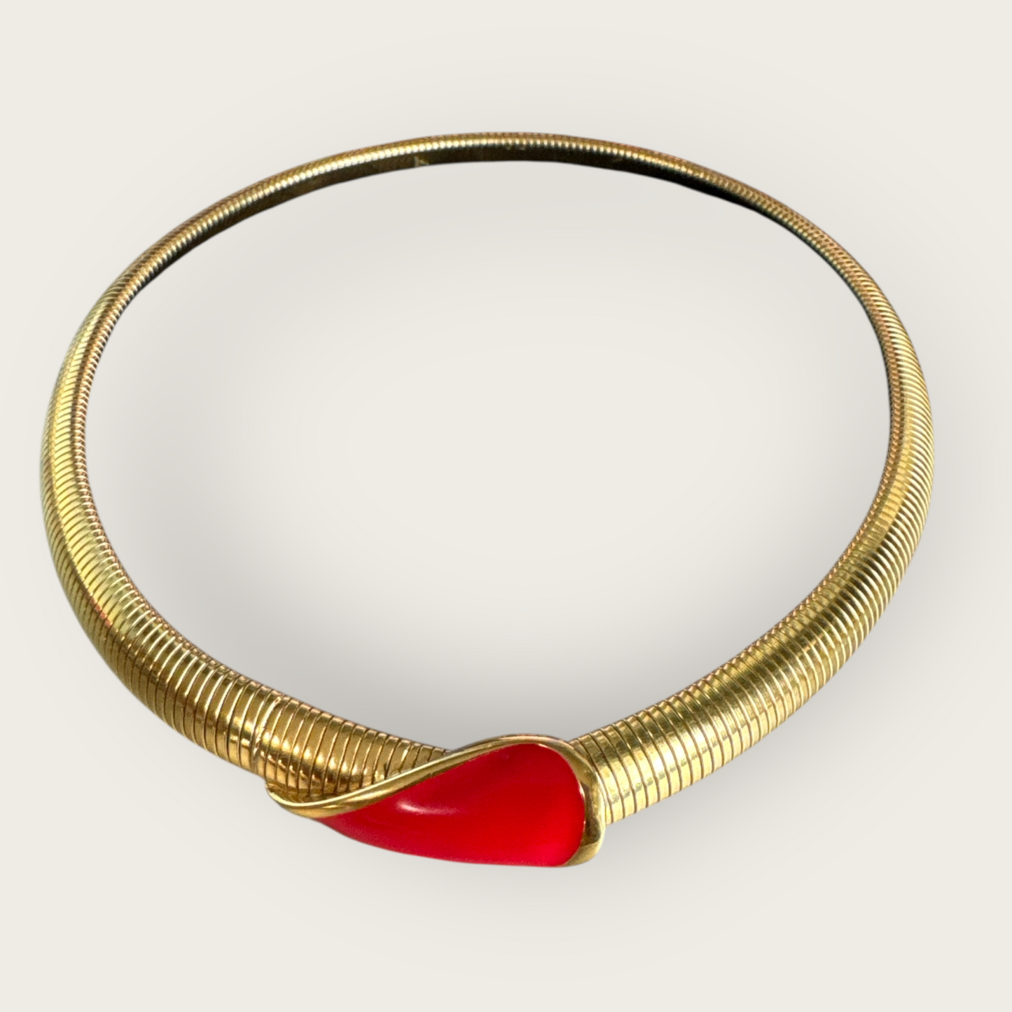 Vintage Gold Omega Collar Necklace with Red Enamel Teardrop Accent – Sculptural Modernist Design