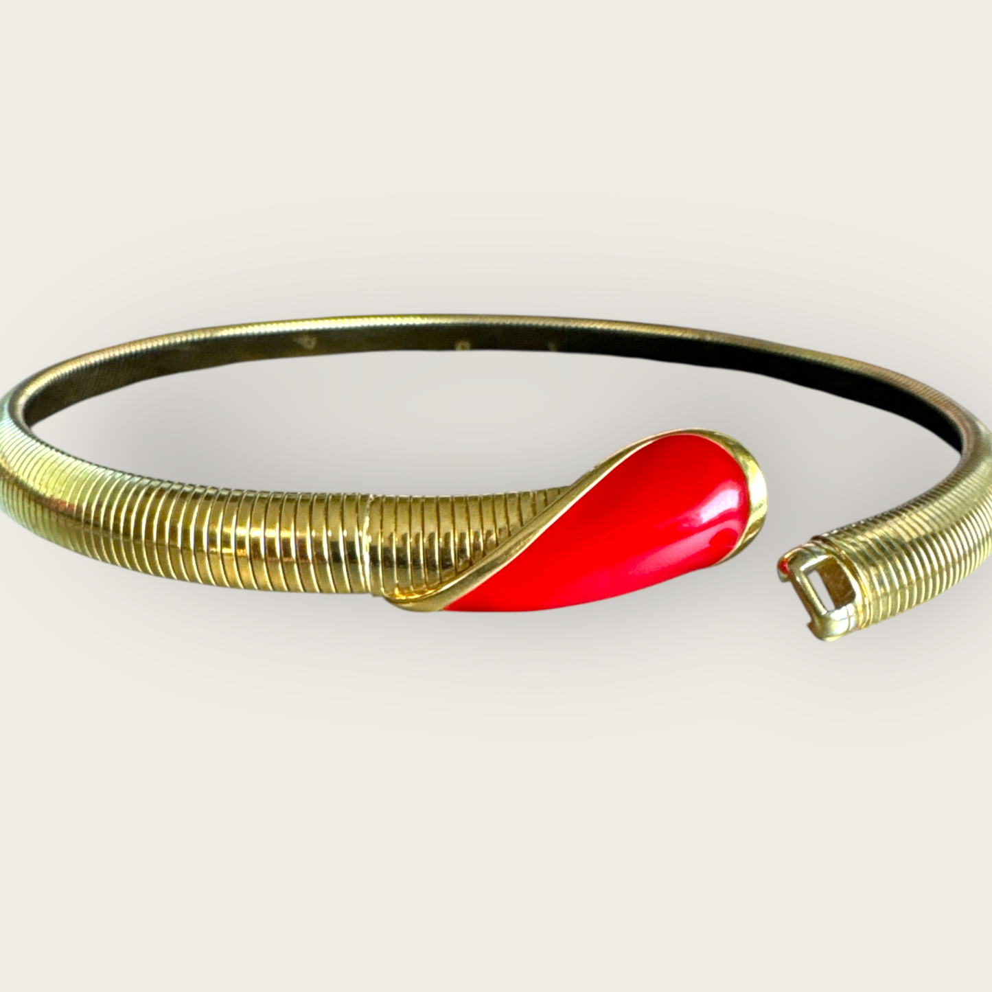 Vintage Gold Omega Collar Necklace with Red Enamel Teardrop Accent – Sculptural Modernist Design
