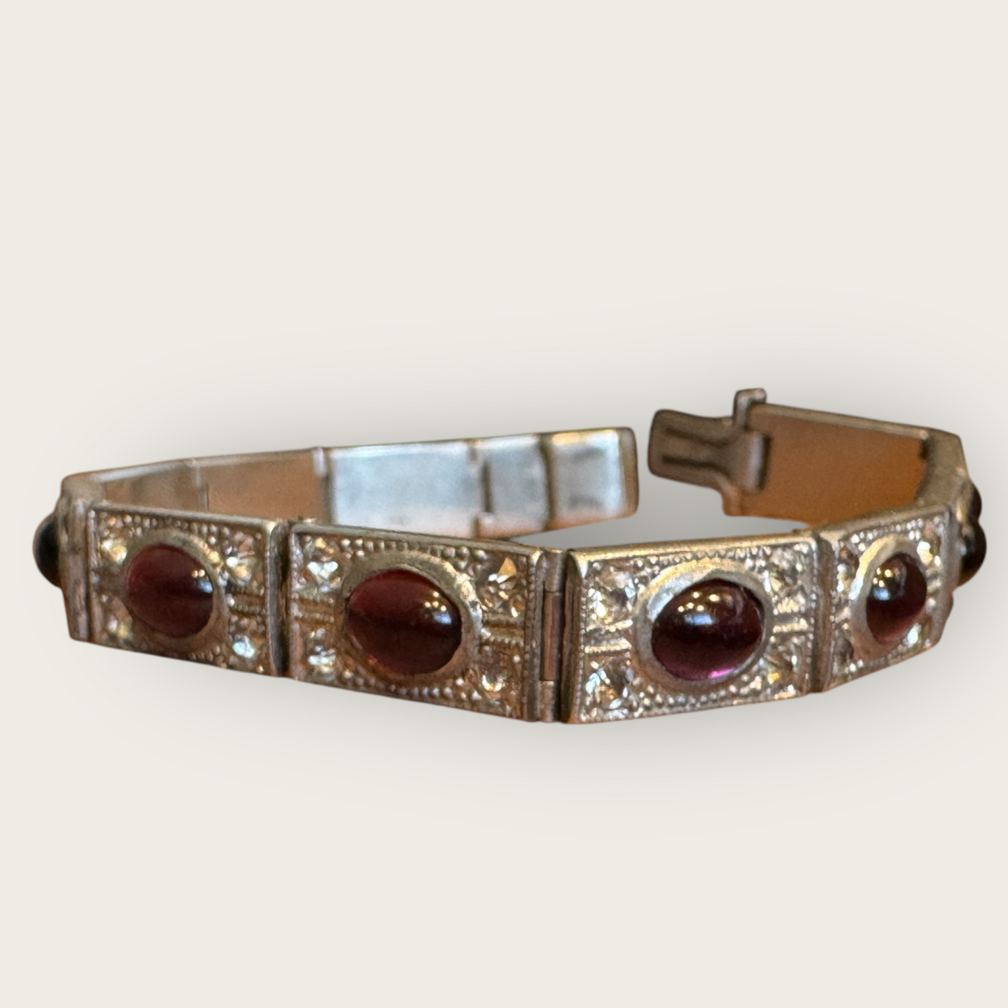 Authentic Art Deco Czech Amethyst Glass Panel Bracelet – 12-Link Hinged Silver-Tone Vintage Statement – 6.5 Inch Antique Jewelry