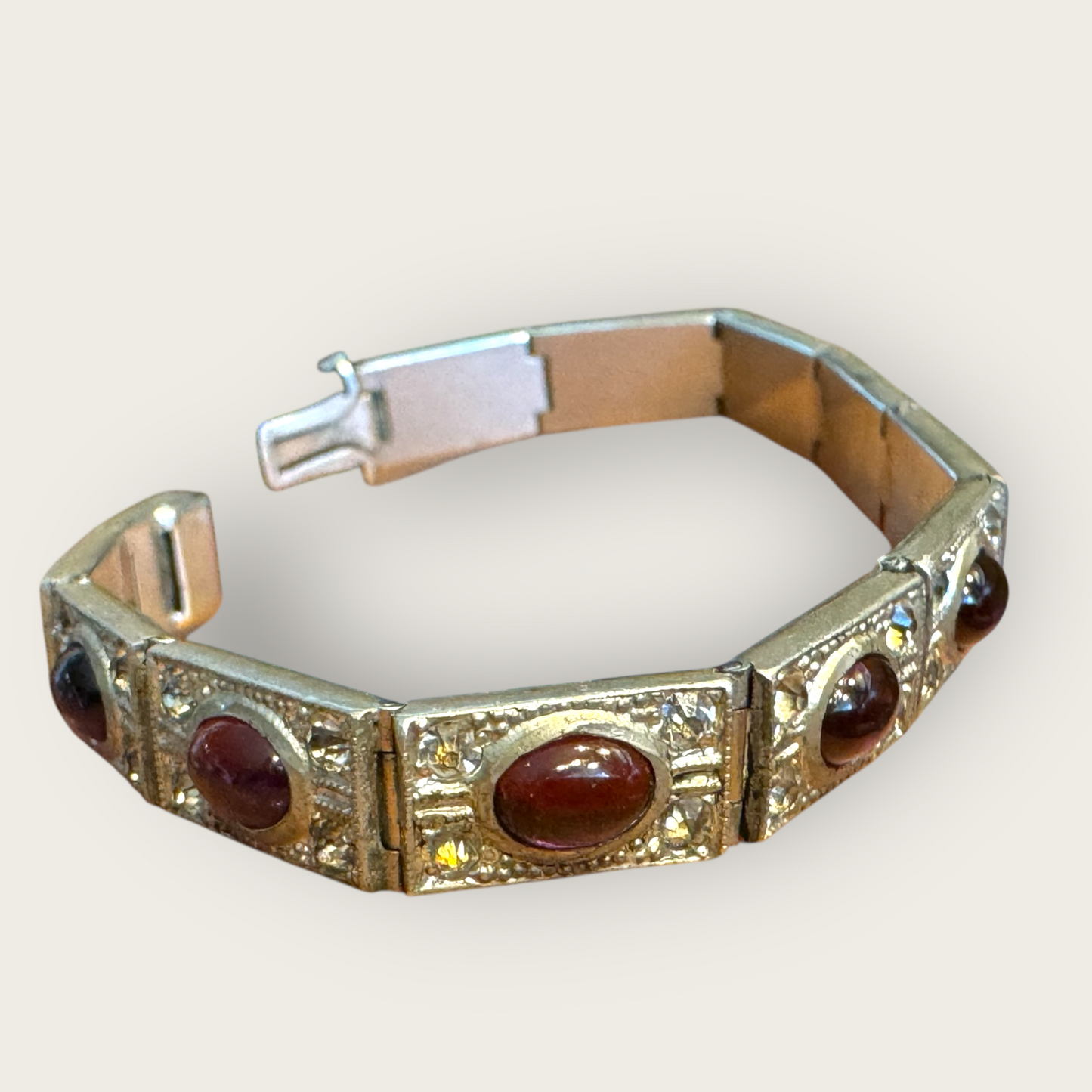 Authentic Art Deco Czech Amethyst Glass Panel Bracelet – 12-Link Hinged Silver-Tone Vintage Statement – 6.5 Inch Antique Jewelry