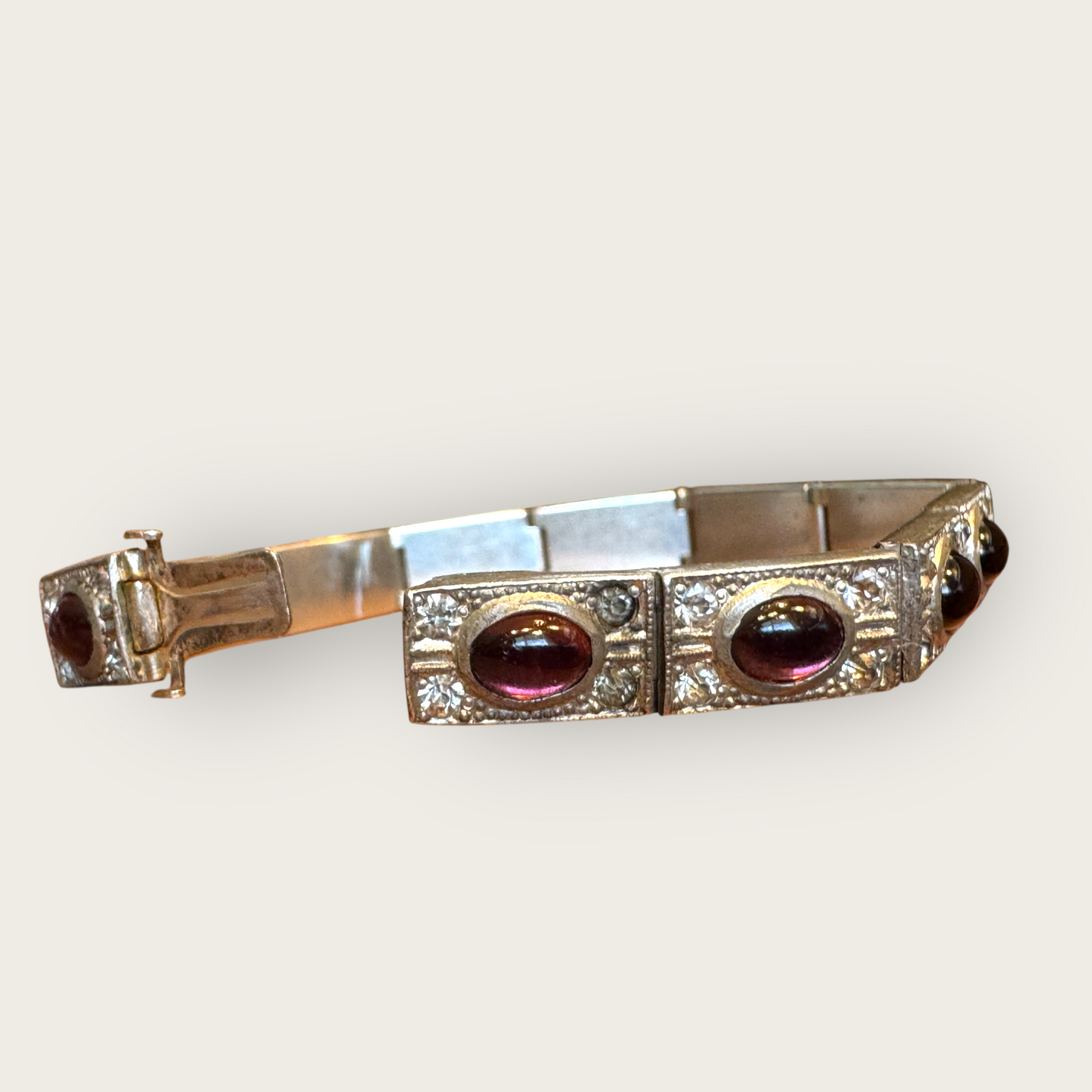 Authentic Art Deco Czech Amethyst Glass Panel Bracelet – 12-Link Hinged Silver-Tone Vintage Statement – 6.5 Inch Antique Jewelry