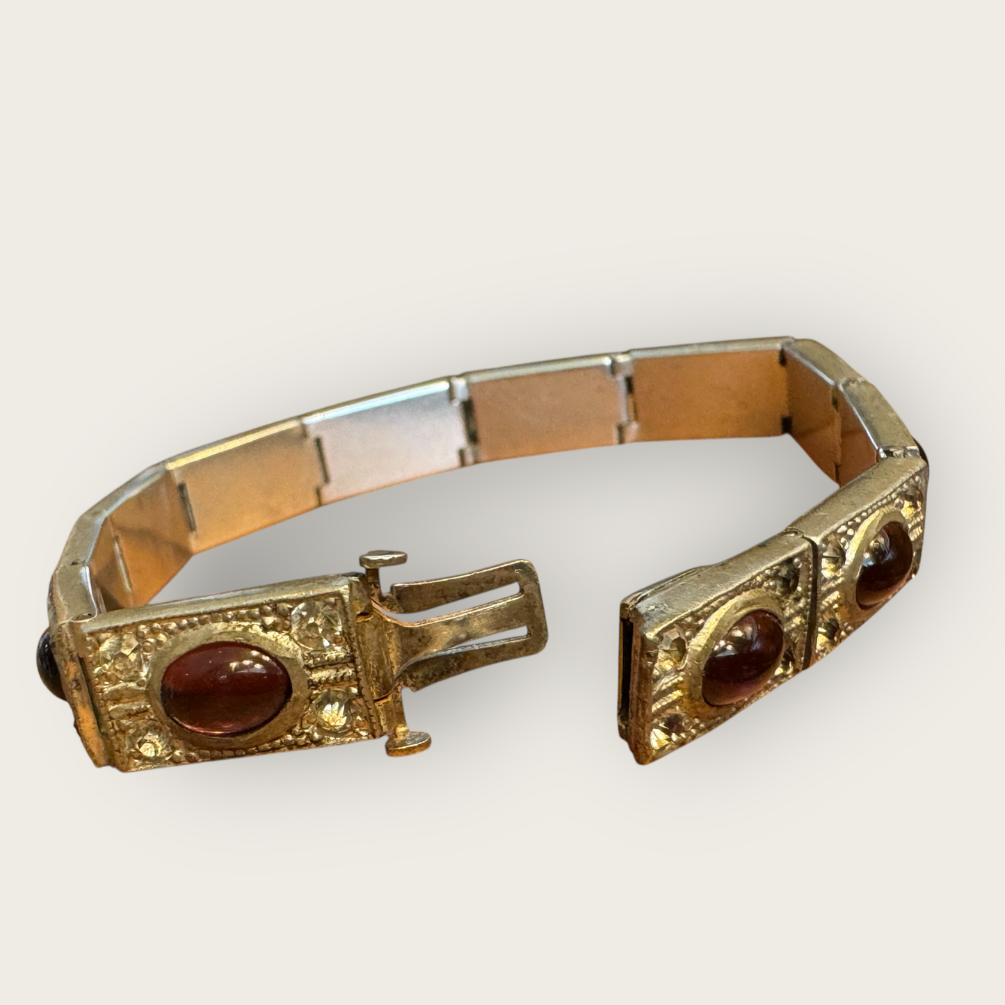 Authentic Art Deco Czech Amethyst Glass Panel Bracelet – 12-Link Hinged Silver-Tone Vintage Statement – 6.5 Inch Antique Jewelry