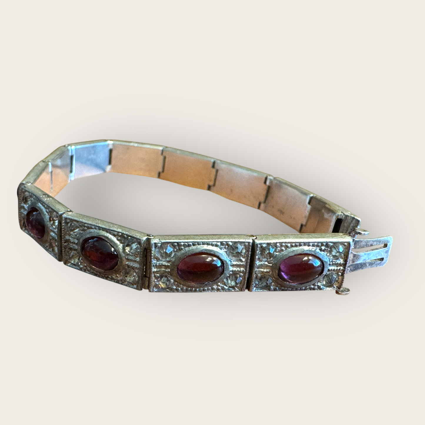 Authentic Art Deco Czech Amethyst Glass Panel Bracelet – 12-Link Hinged Silver-Tone Vintage Statement – 6.5 Inch Antique Jewelry
