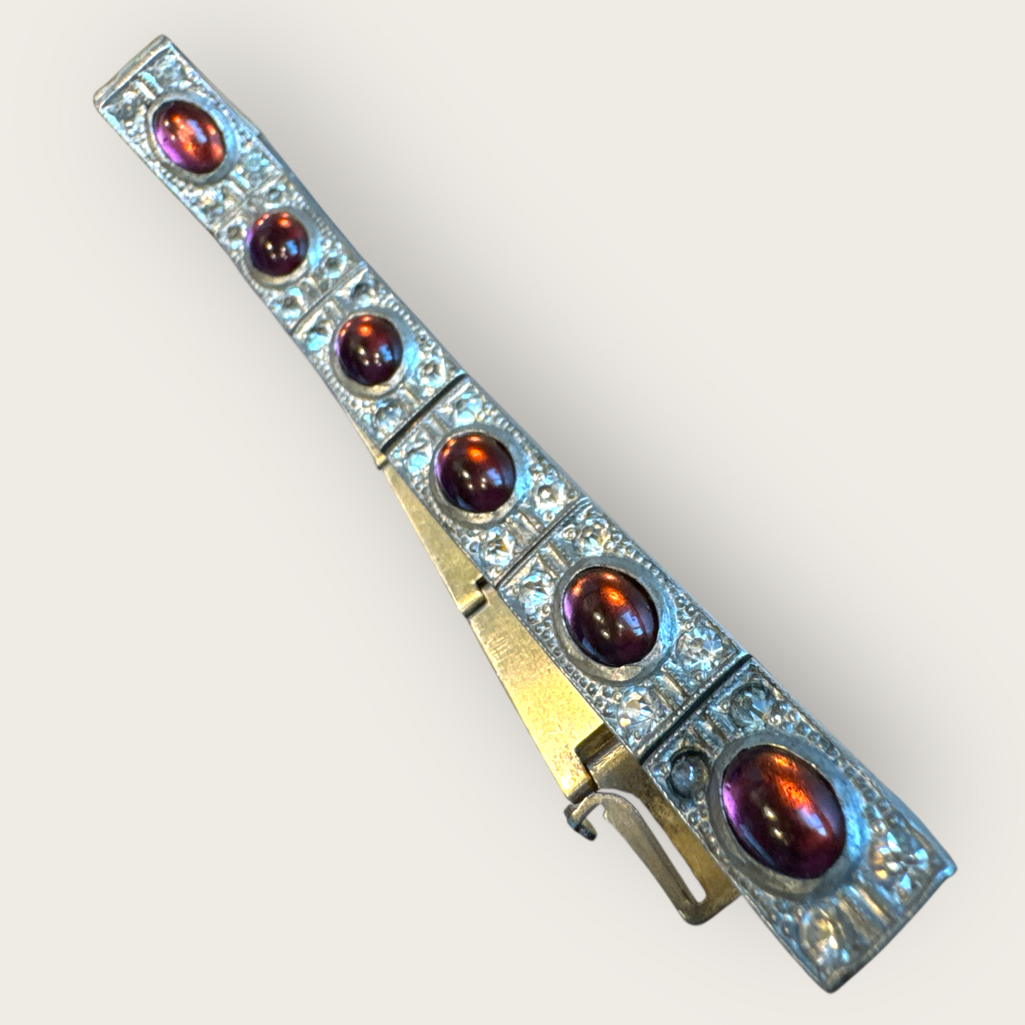 Authentic Art Deco Czech Amethyst Glass Panel Bracelet – 12-Link Hinged Silver-Tone Vintage Statement – 6.5 Inch Antique Jewelry
