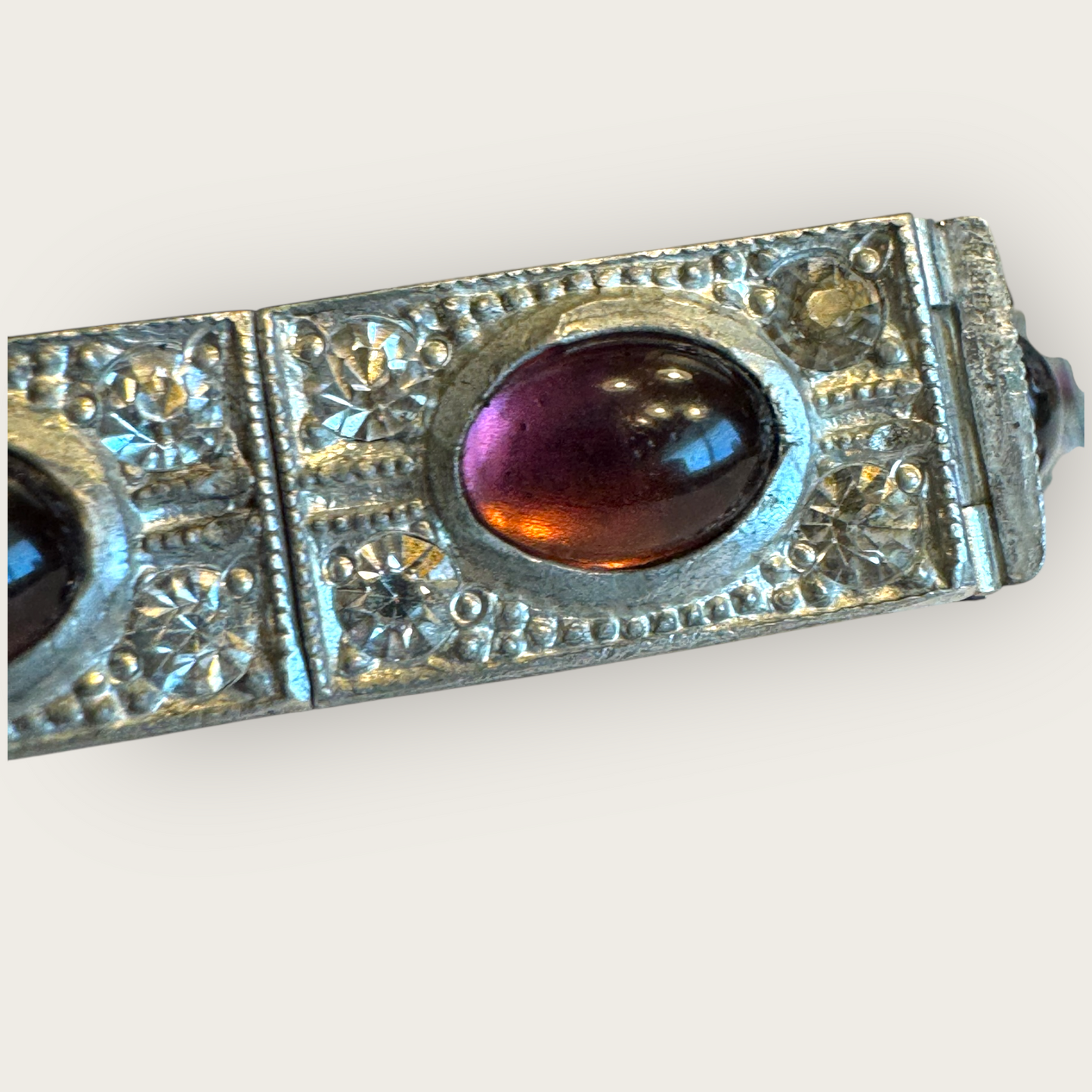 Authentic Art Deco Czech Amethyst Glass Panel Bracelet – 12-Link Hinged Silver-Tone Vintage Statement – 6.5 Inch Antique Jewelry