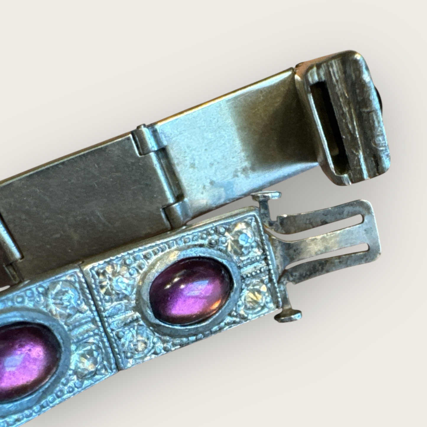 Authentic Art Deco Czech Amethyst Glass Panel Bracelet – 12-Link Hinged Silver-Tone Vintage Statement – 6.5 Inch Antique Jewelry