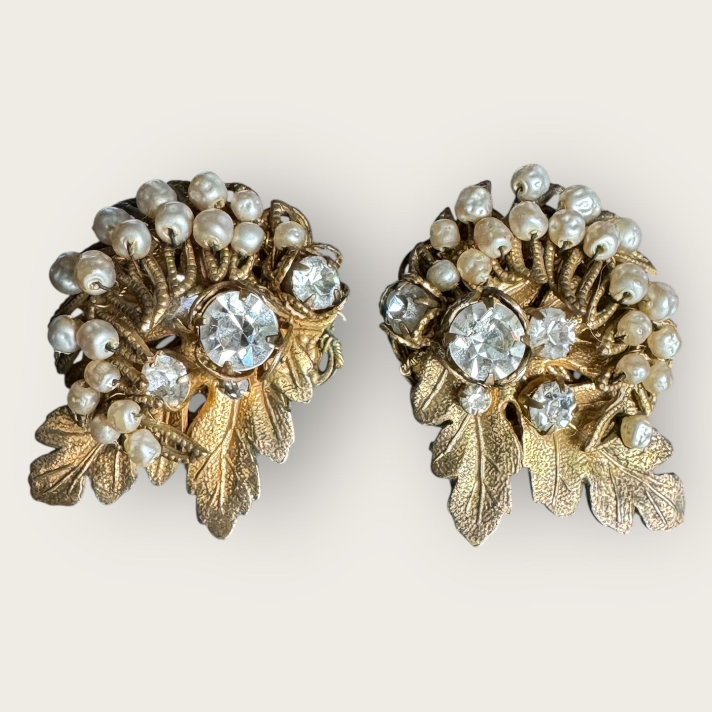 Rare Signed DiMario Vintage Clip-On Earrings – Hand-Wired Rhinestones & Faux Pearls (As-Is, 1950s)