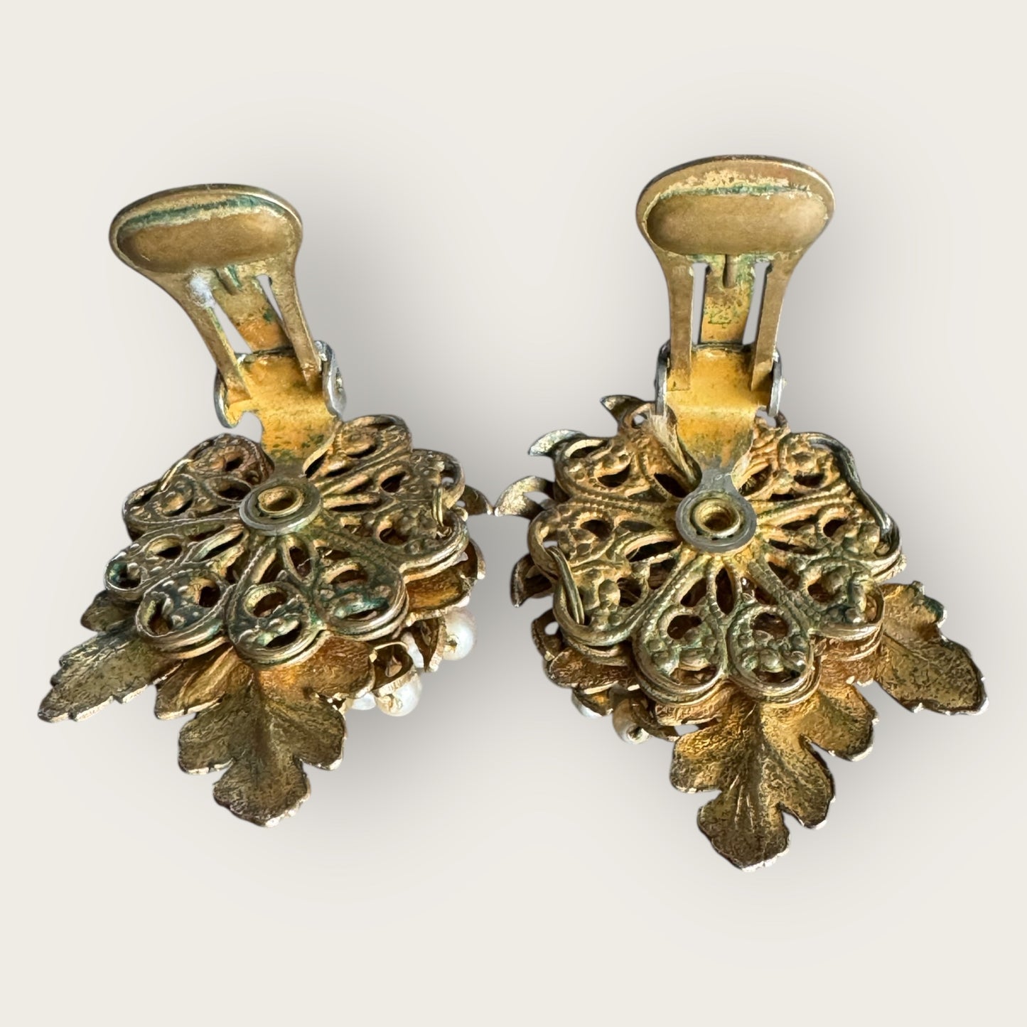 Rare Signed DiMario Vintage Clip-On Earrings – Hand-Wired Rhinestones & Faux Pearls (As-Is, 1950s)