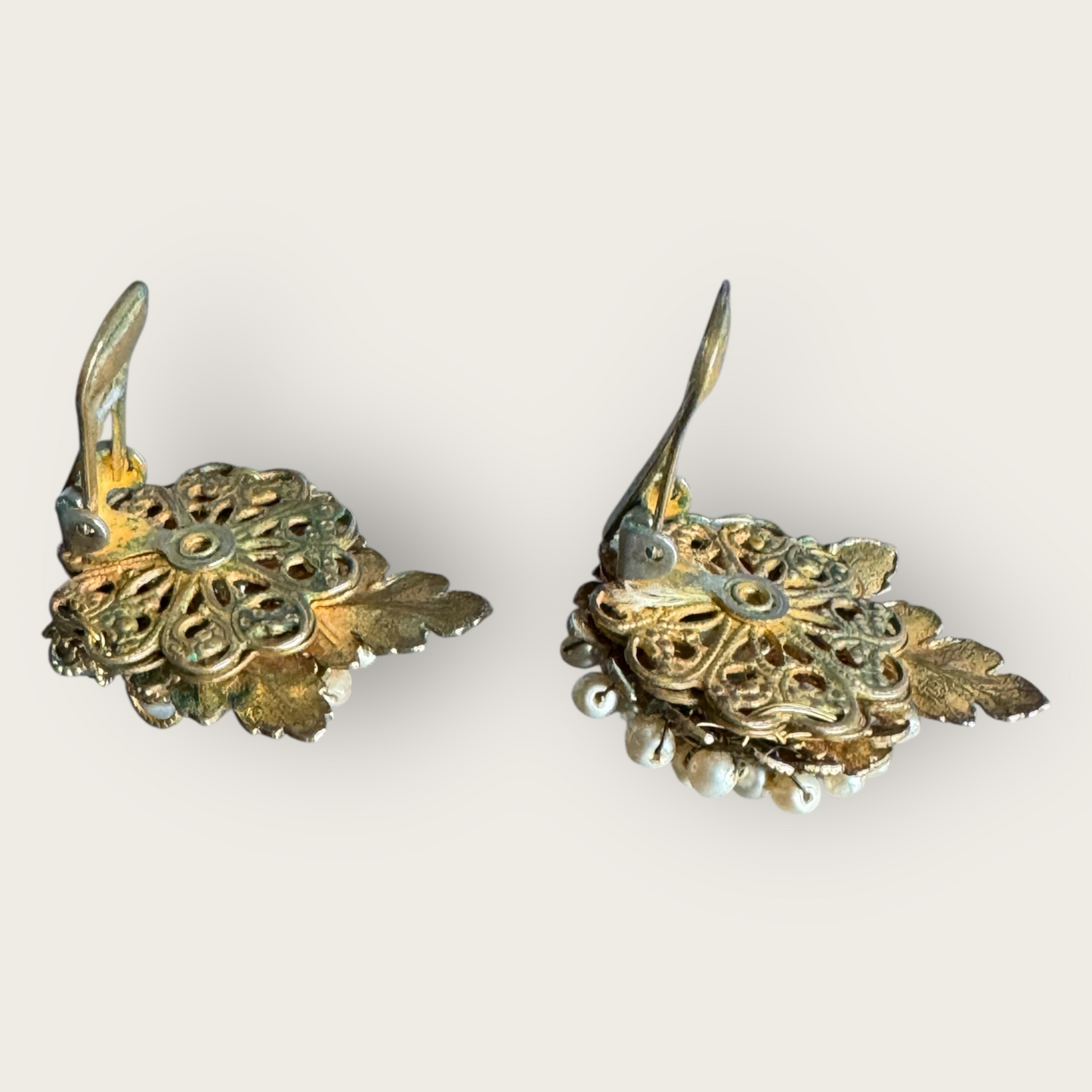 Rare Signed DiMario Vintage Clip-On Earrings – Hand-Wired Rhinestones & Faux Pearls (As-Is, 1950s)