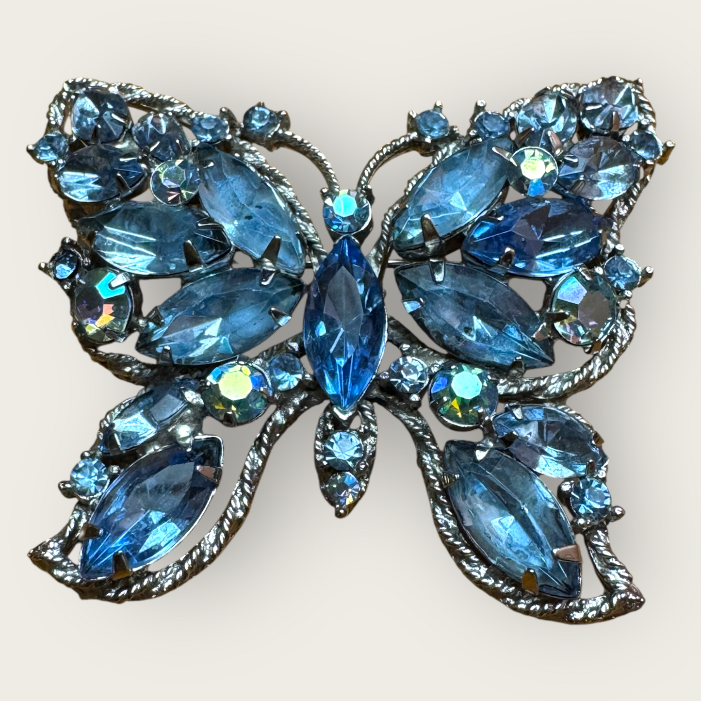 Signed Weiss Vintage Butterfly Brooch – Aqua Blue & Aurora Borealis Rhinestones, 1950s Statement Jewelry