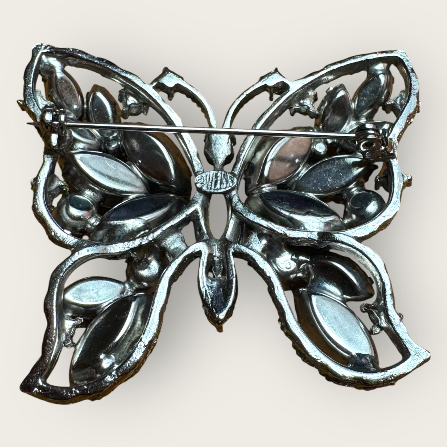 Signed Weiss Vintage Butterfly Brooch – Aqua Blue & Aurora Borealis Rhinestones, 1950s Statement Jewelry