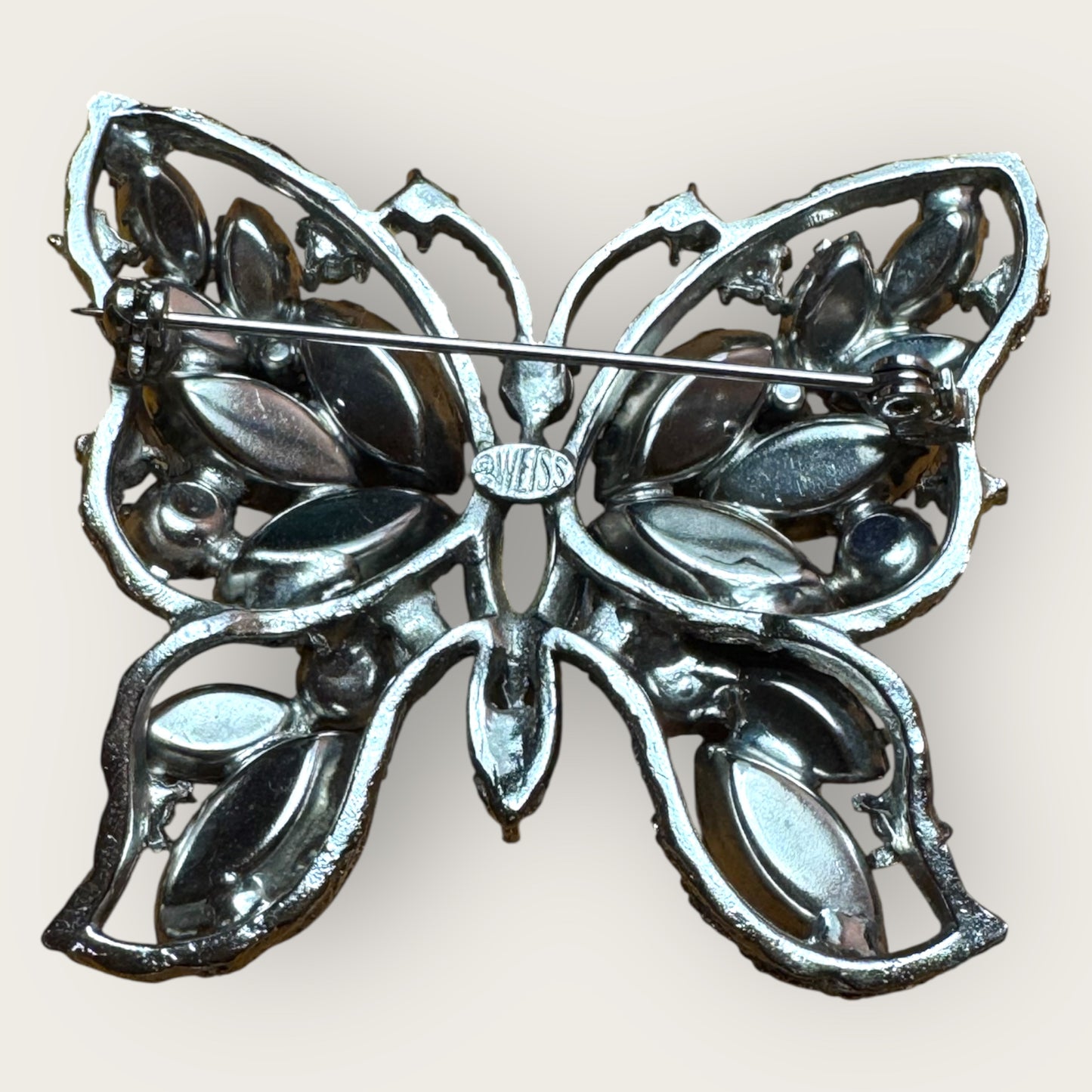 Signed Weiss Vintage Butterfly Brooch – Aqua Blue & Aurora Borealis Rhinestones, 1950s Statement Jewelry