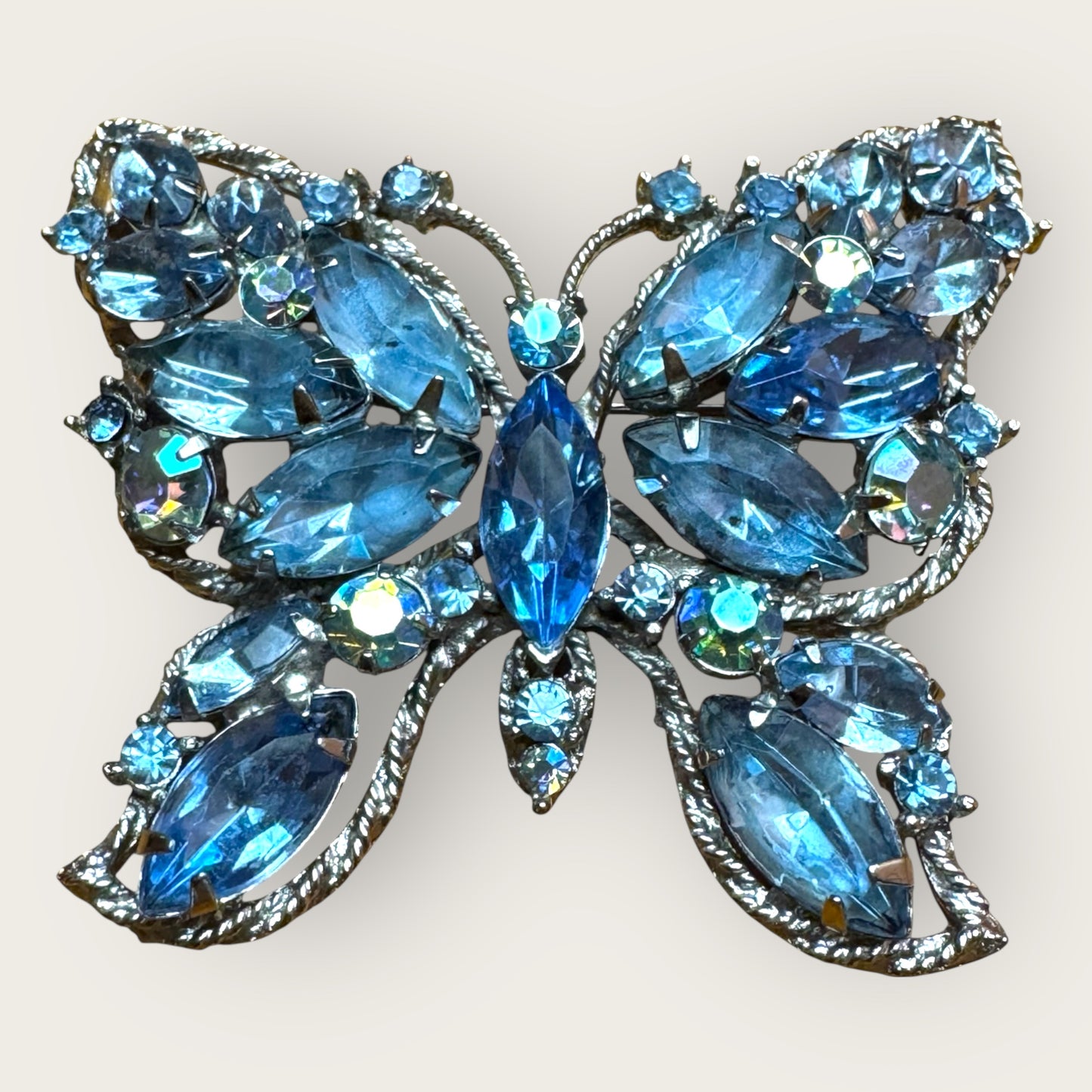 Signed Weiss Vintage Butterfly Brooch – Aqua Blue & Aurora Borealis Rhinestones, 1950s Statement Jewelry