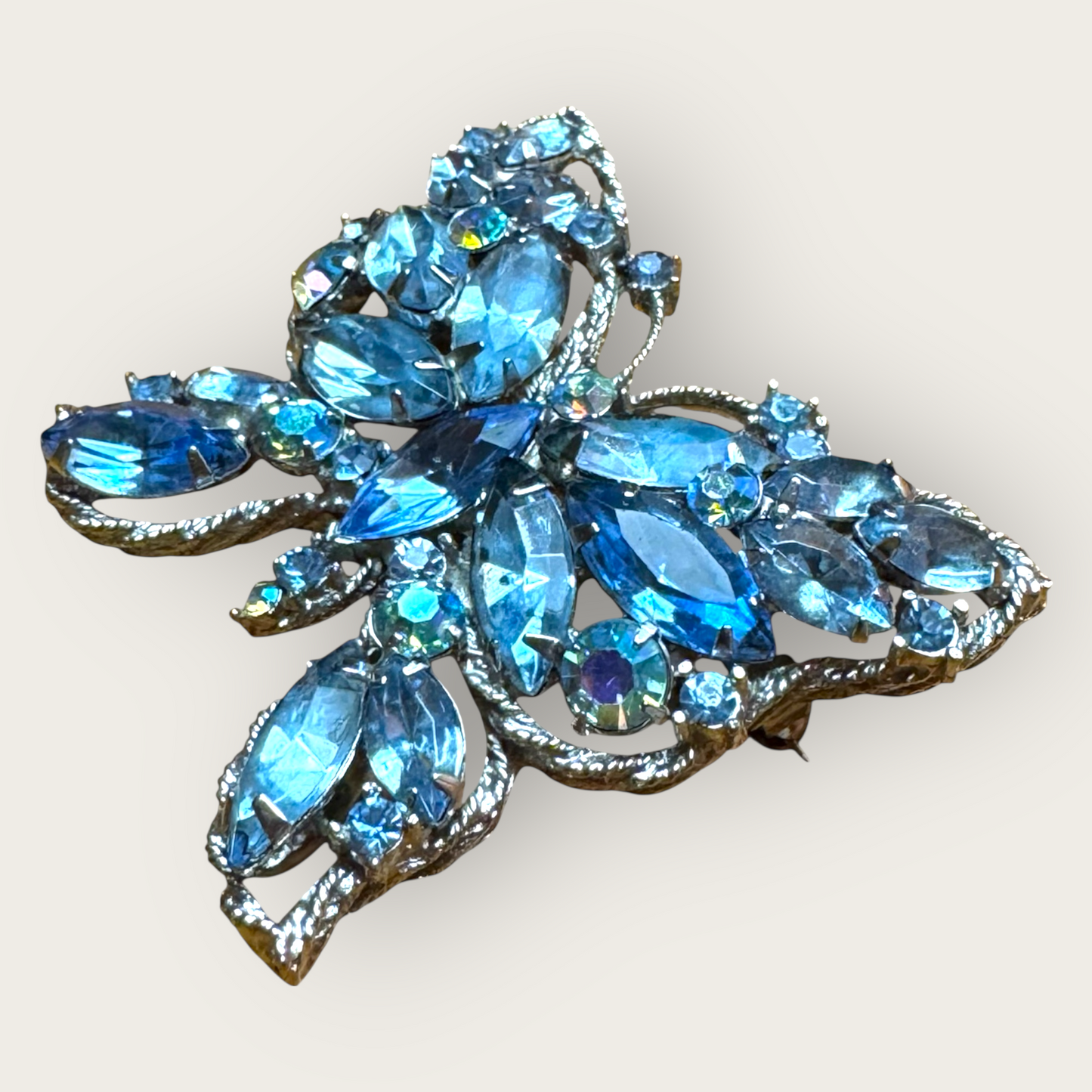 Signed Weiss Vintage Butterfly Brooch – Aqua Blue & Aurora Borealis Rhinestones, 1950s Statement Jewelry