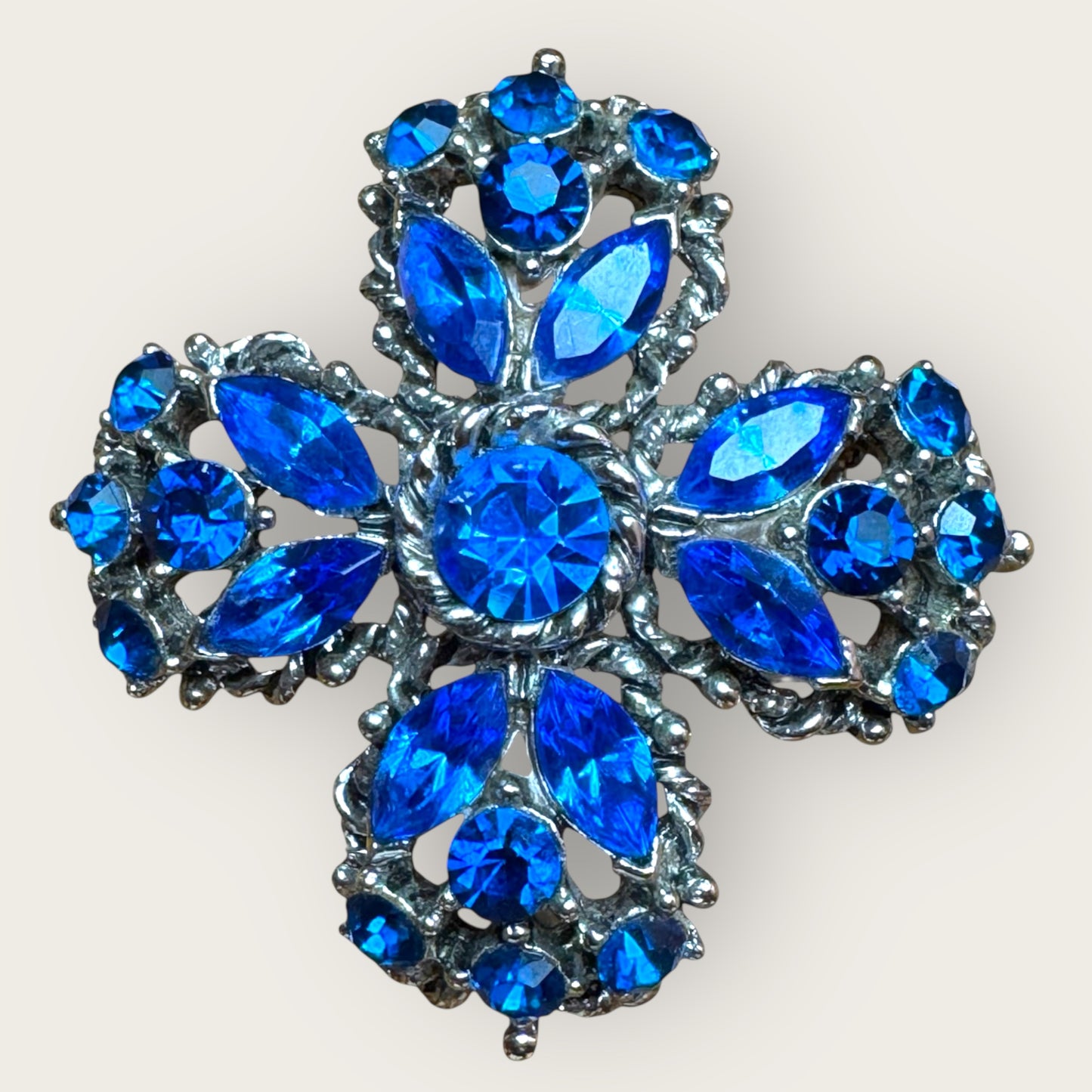 Vintage Signed Weiss Sapphire Blue Rhinestone Cross Brooch – 1960s Statement Jewelry