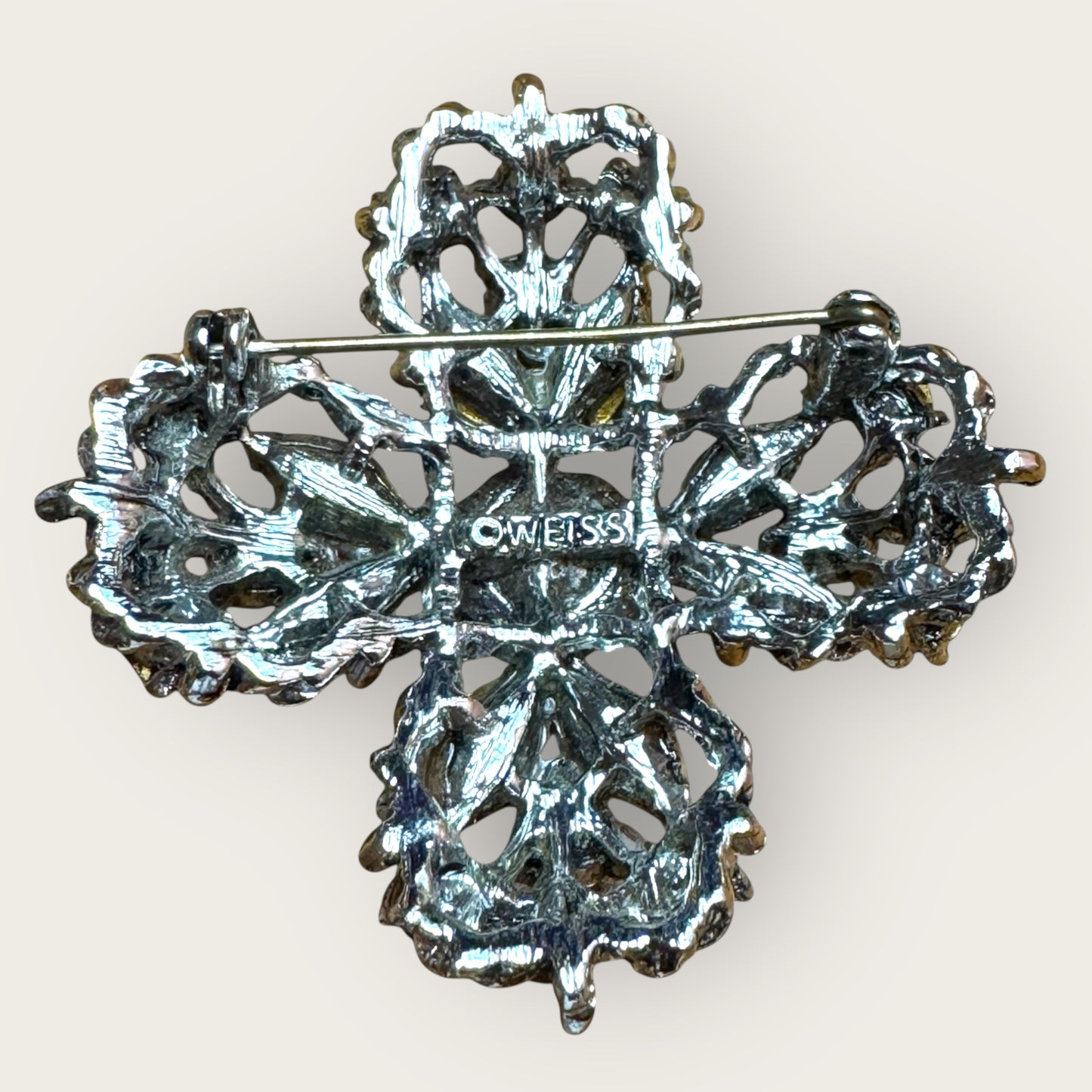 Vintage Signed Weiss Sapphire Blue Rhinestone Cross Brooch – 1960s Statement Jewelry