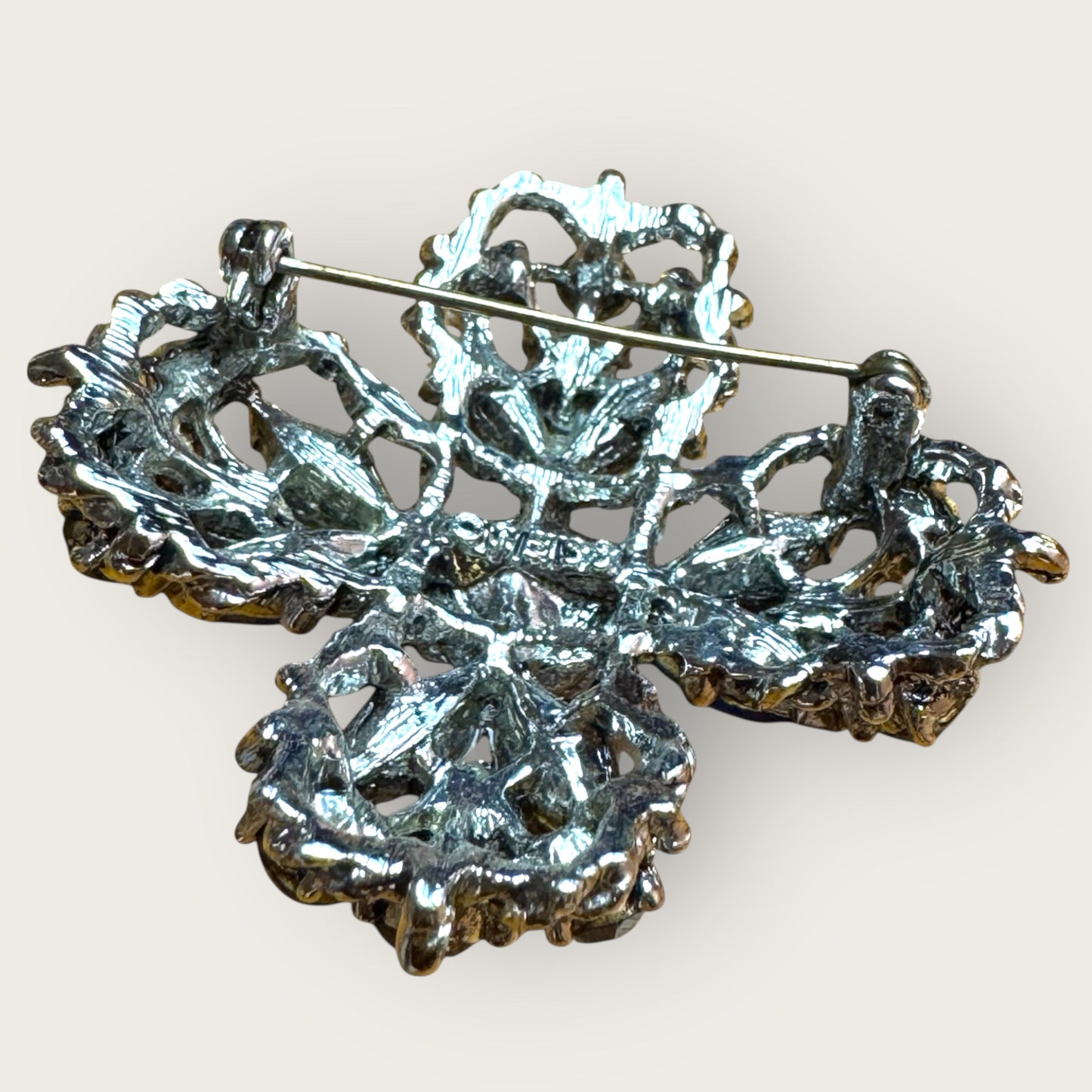 Vintage Signed Weiss Sapphire Blue Rhinestone Cross Brooch – 1960s Statement Jewelry