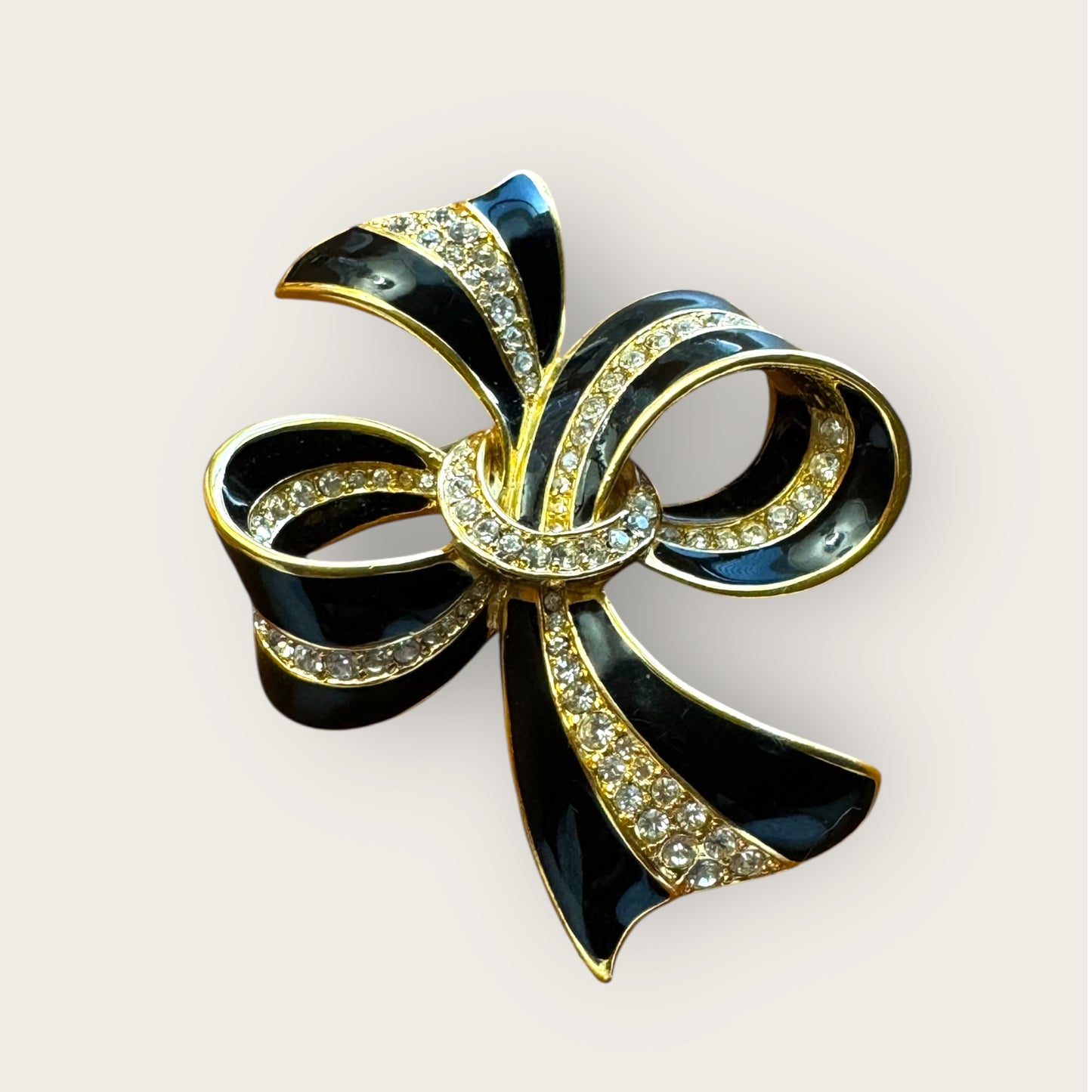 Vintage Black Enamel & Crystal Bow Brooch – Signed AS, Gold-Tone Statement Pin