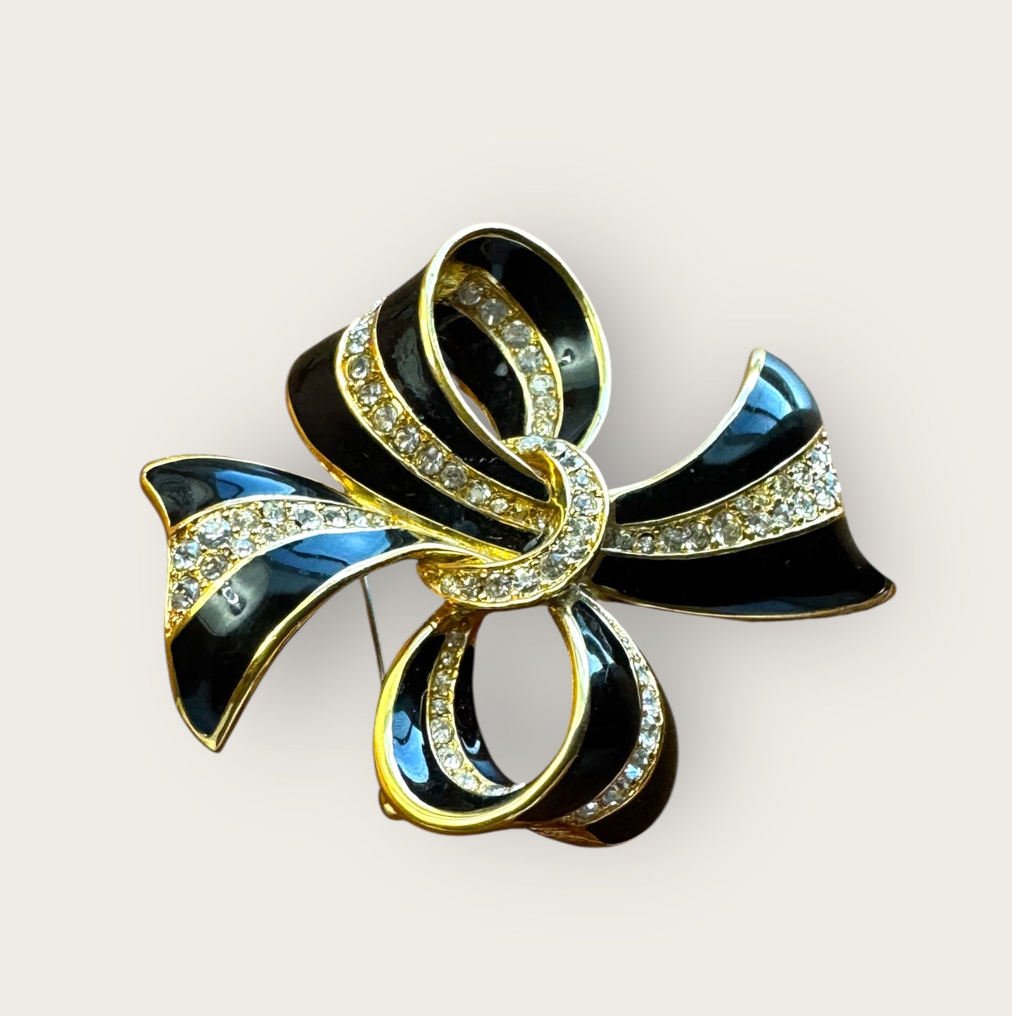 Vintage Black Enamel & Crystal Bow Brooch – Signed AS, Gold-Tone Statement Pin