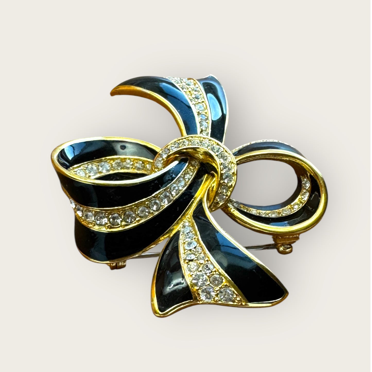 Vintage Black Enamel & Crystal Bow Brooch – Signed AS, Gold-Tone Statement Pin