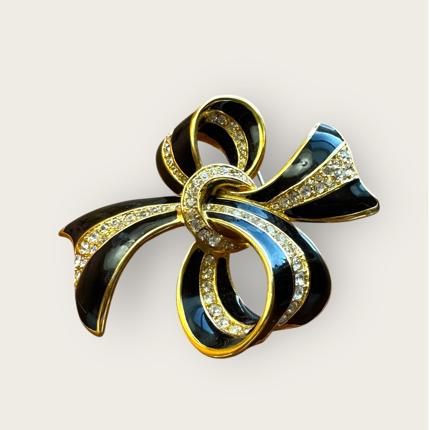 Vintage Black Enamel & Crystal Bow Brooch – Signed AS, Gold-Tone Statement Pin