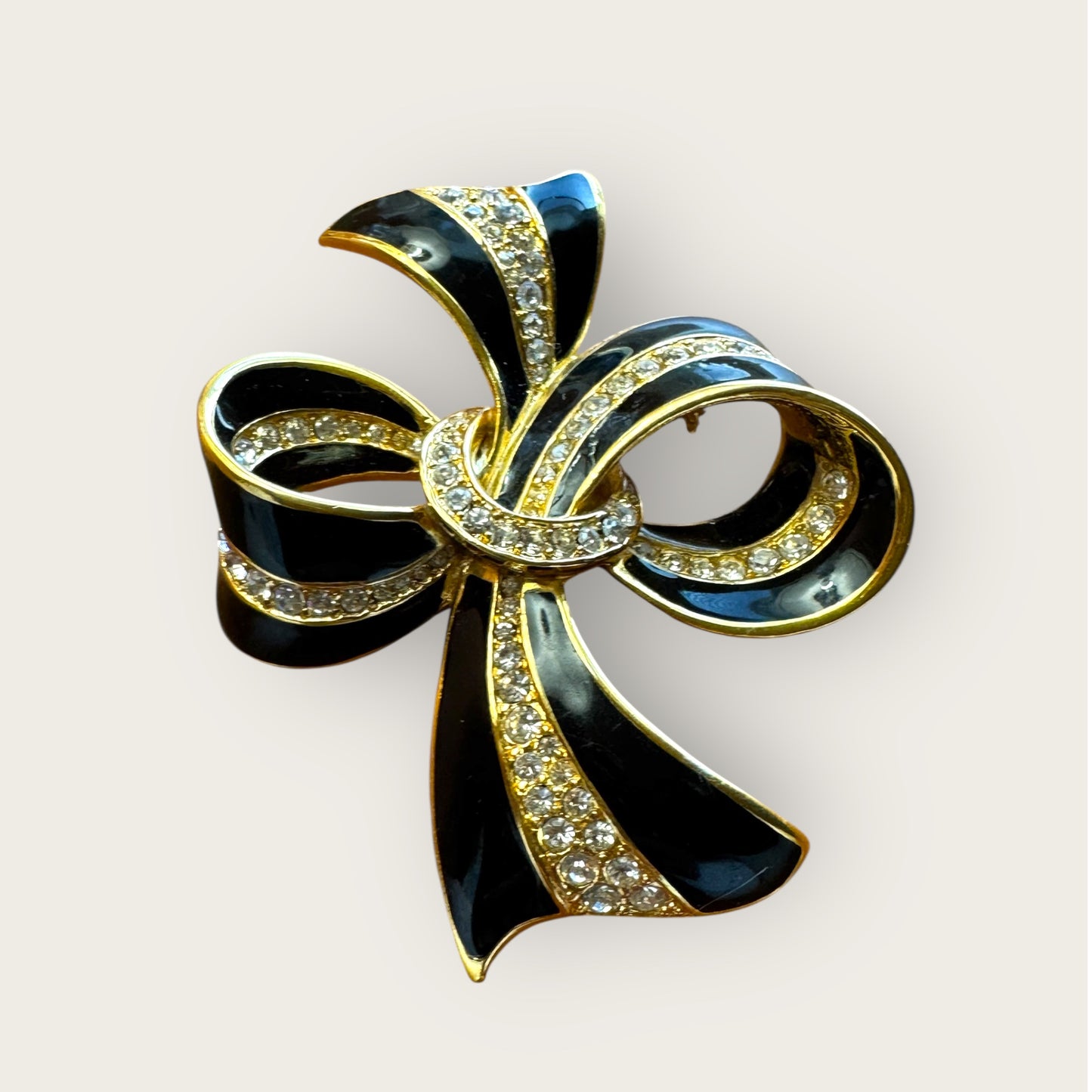 Vintage Black Enamel & Crystal Bow Brooch – Signed AS, Gold-Tone Statement Pin