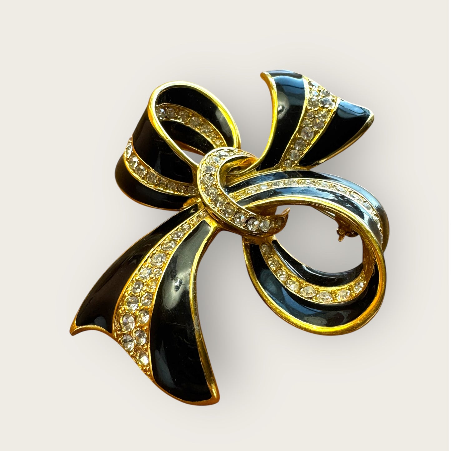 Vintage Black Enamel & Crystal Bow Brooch – Signed AS, Gold-Tone Statement Pin