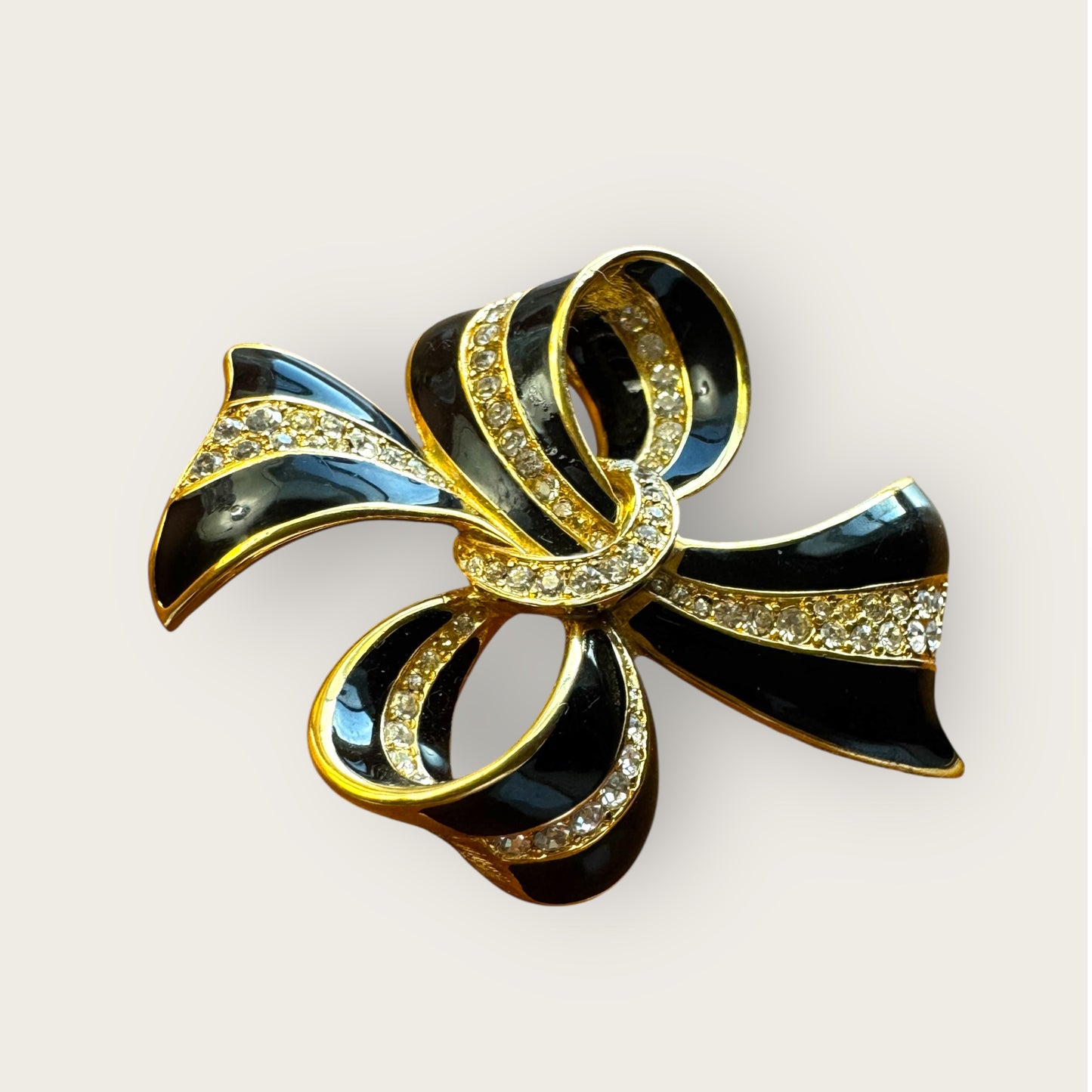 Vintage Black Enamel & Crystal Bow Brooch – Signed AS, Gold-Tone Statement Pin