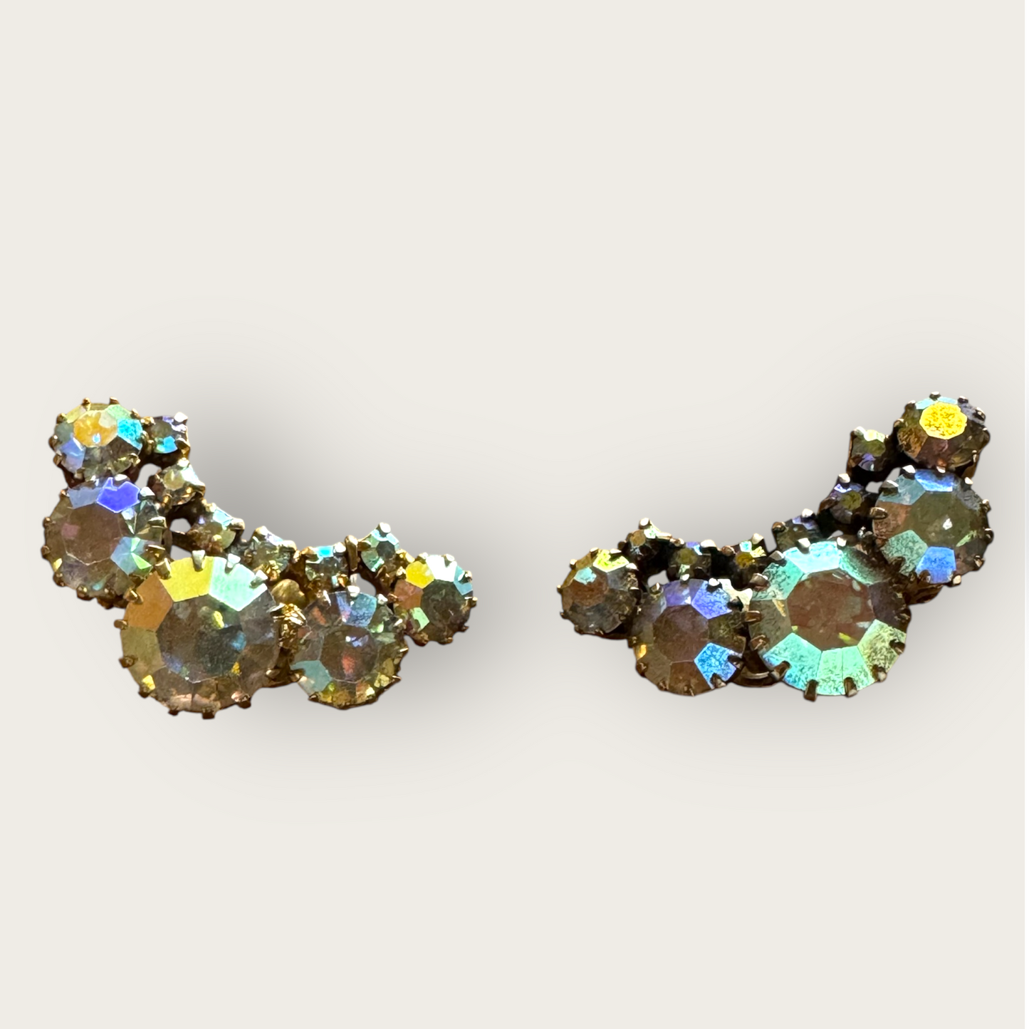 Vintage Aurora Borealis Ear Climber Earrings – Clear AB Rhinestones with Dog Tooth Prongs (Sold As-Is)