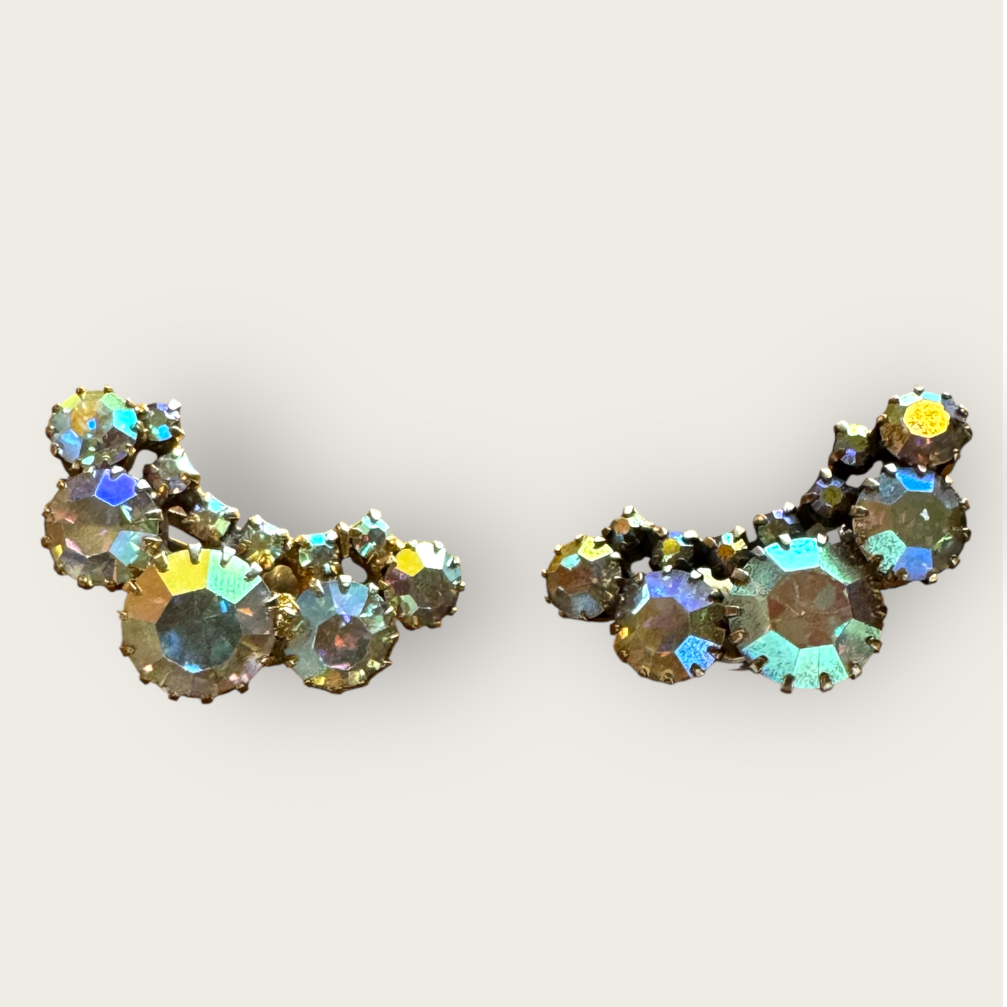 Vintage Aurora Borealis Ear Climber Earrings – Clear AB Rhinestones with Dog Tooth Prongs (Sold As-Is)