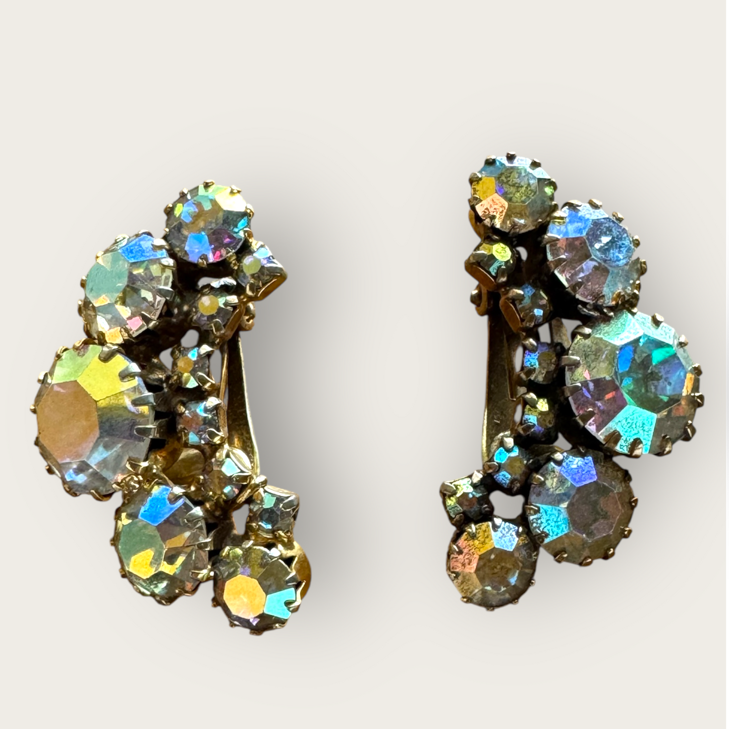 Vintage Aurora Borealis Ear Climber Earrings – Clear AB Rhinestones with Dog Tooth Prongs (Sold As-Is)