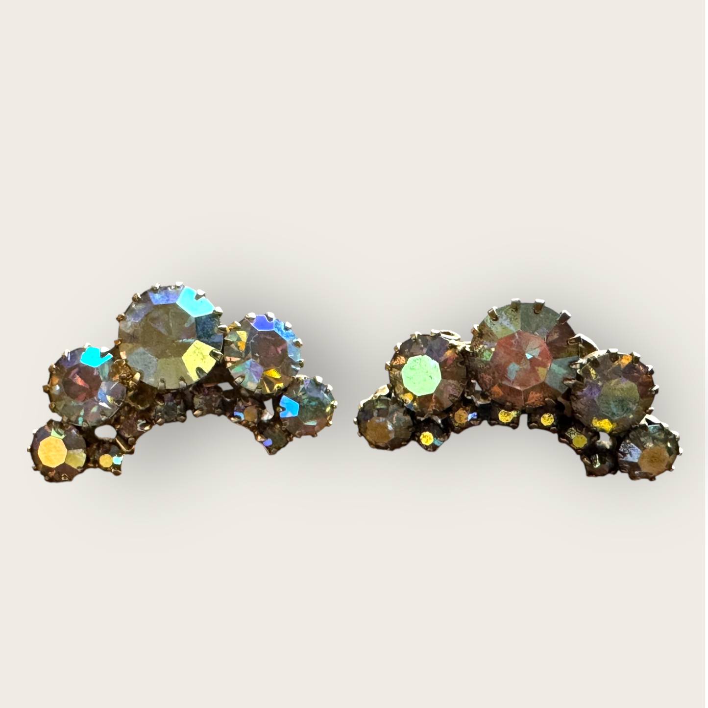 Vintage Aurora Borealis Ear Climber Earrings – Clear AB Rhinestones with Dog Tooth Prongs (Sold As-Is)