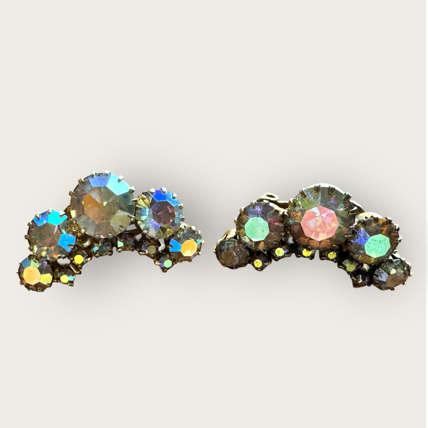 Vintage Aurora Borealis Ear Climber Earrings – Clear AB Rhinestones with Dog Tooth Prongs (Sold As-Is)