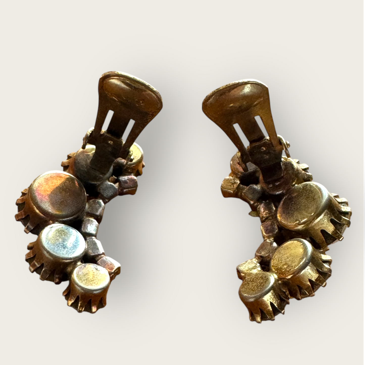 Vintage Aurora Borealis Ear Climber Earrings – Clear AB Rhinestones with Dog Tooth Prongs (Sold As-Is)